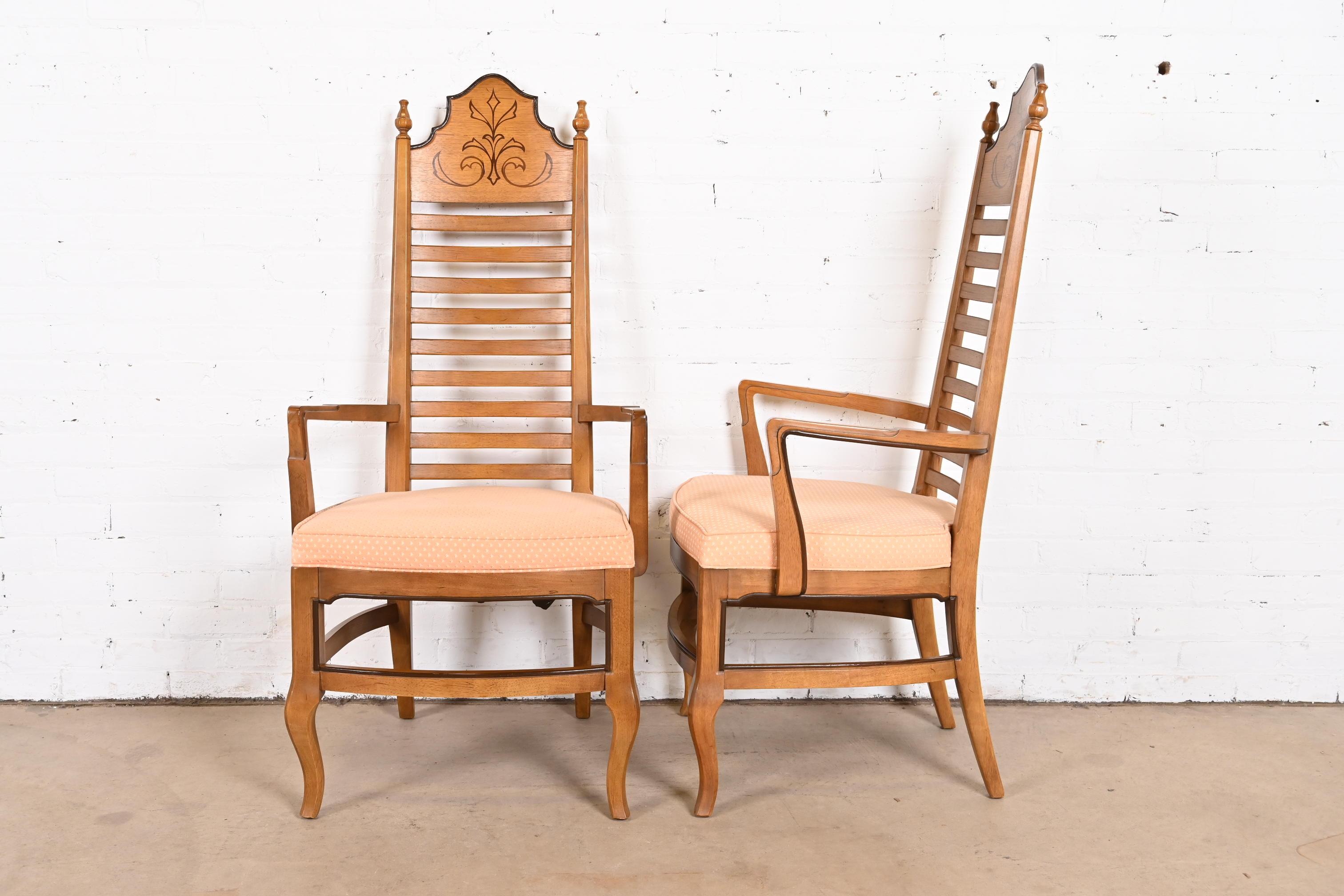 Drexel Mid-Century Italian Provincial Carved Walnut High Back Dining Chairs For Sale 7