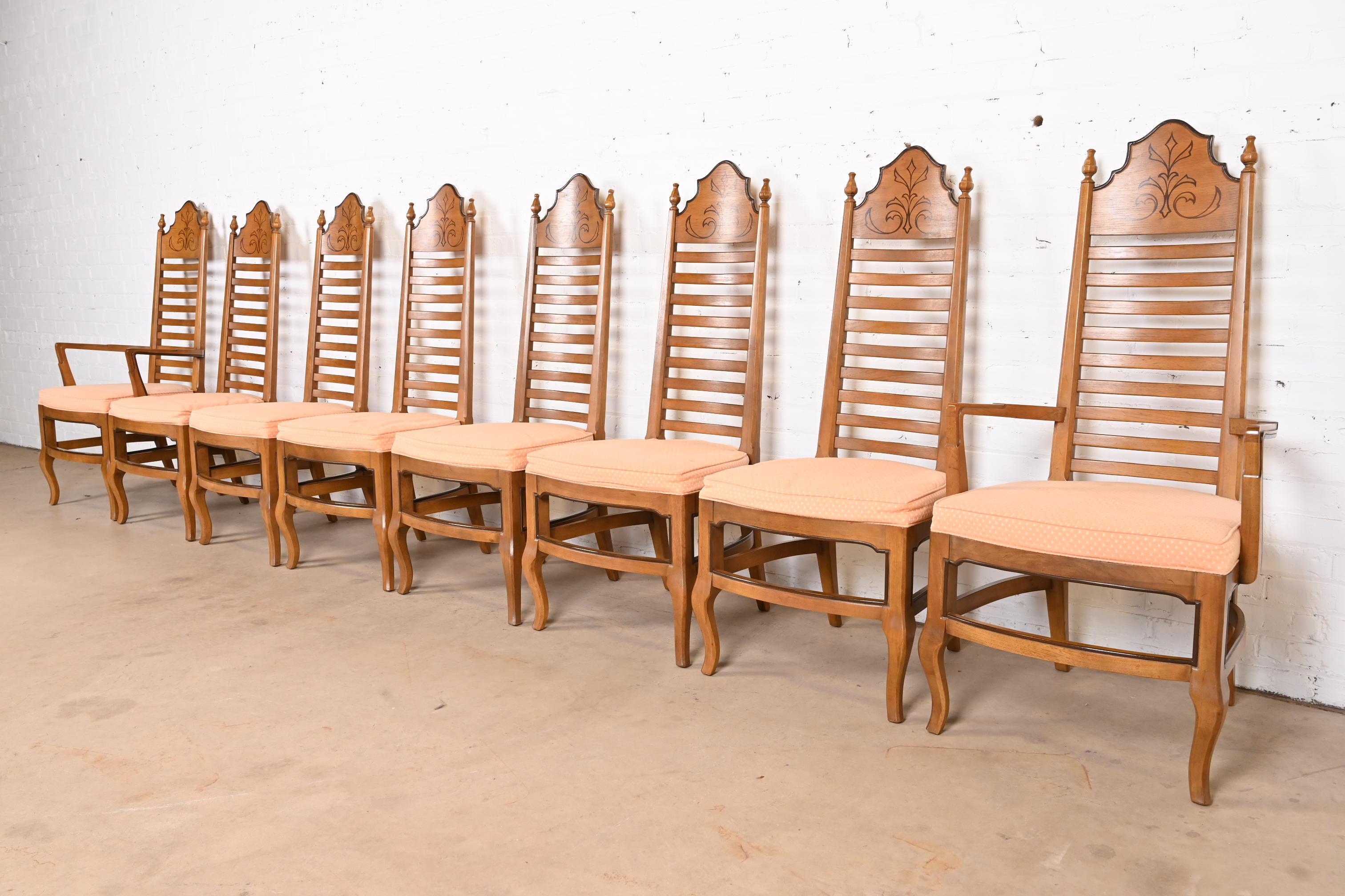 Mid-Century Modern Drexel Mid-Century Italian Provincial Carved Walnut High Back Dining Chairs For Sale