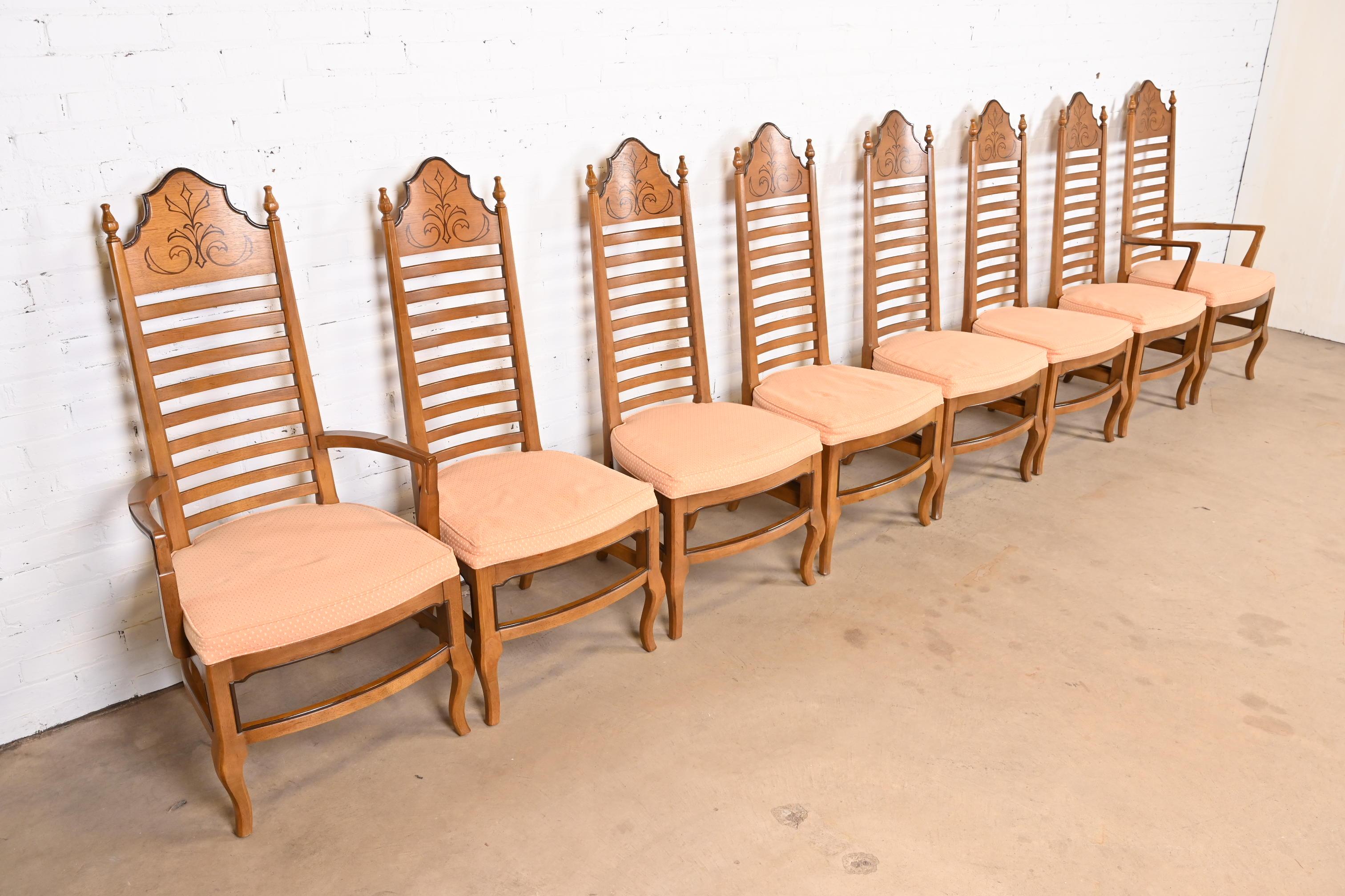 American Drexel Mid-Century Italian Provincial Carved Walnut High Back Dining Chairs For Sale