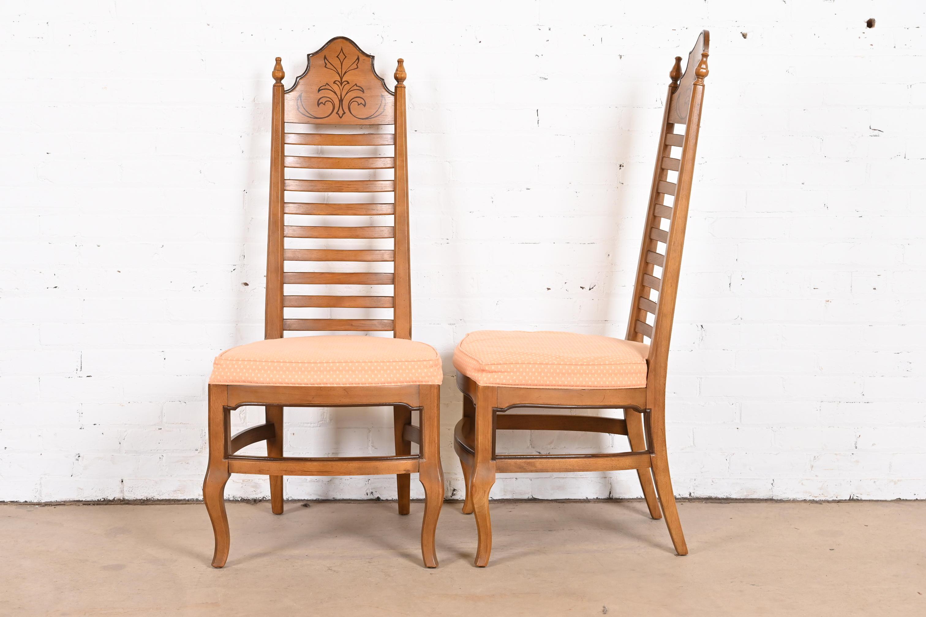 Upholstery Drexel Mid-Century Italian Provincial Carved Walnut High Back Dining Chairs For Sale