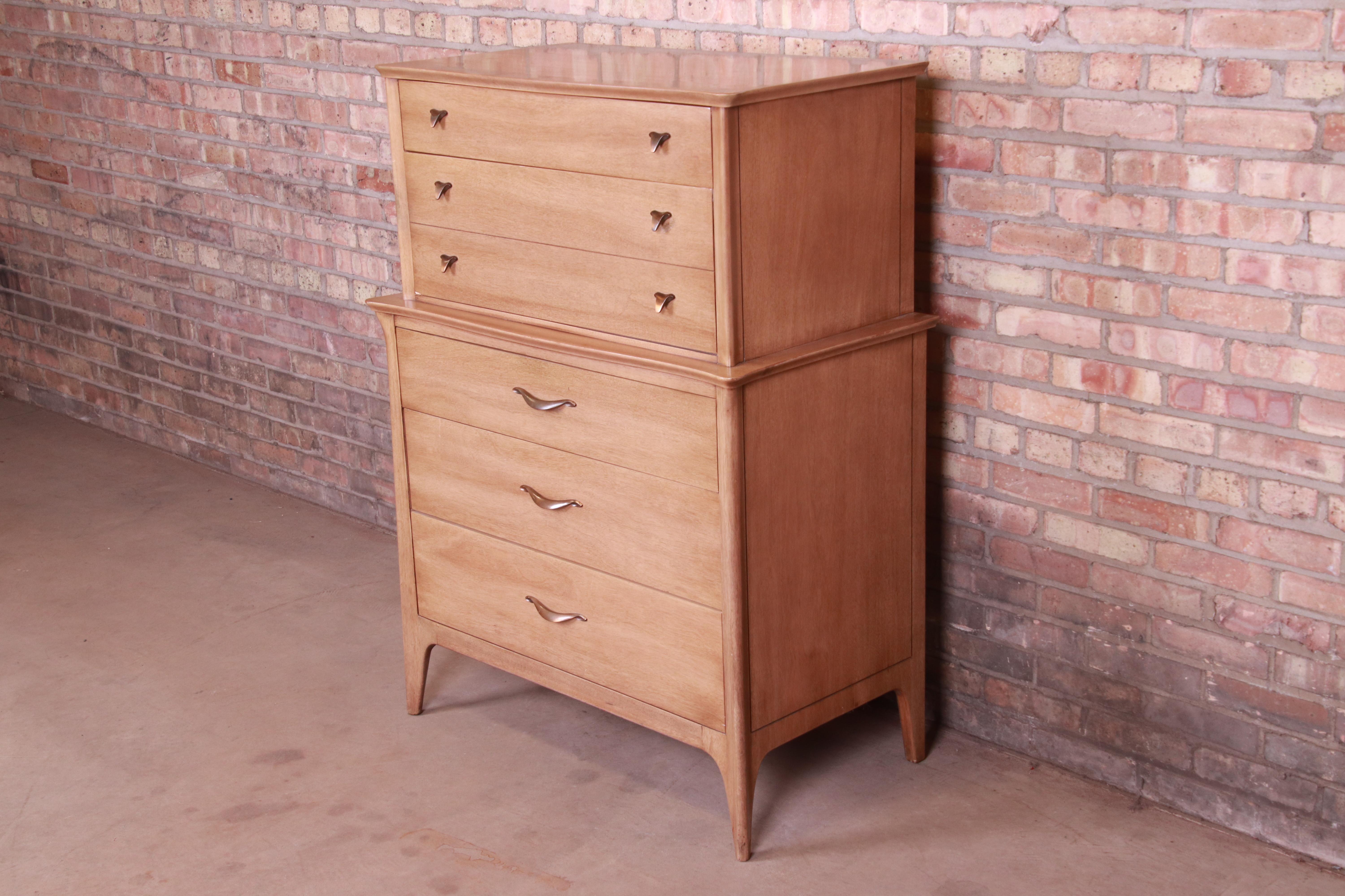 Drexel Mid-Century Modern Bleached Mahogany Highboy Dresser, 1950s In Good Condition In South Bend, IN
