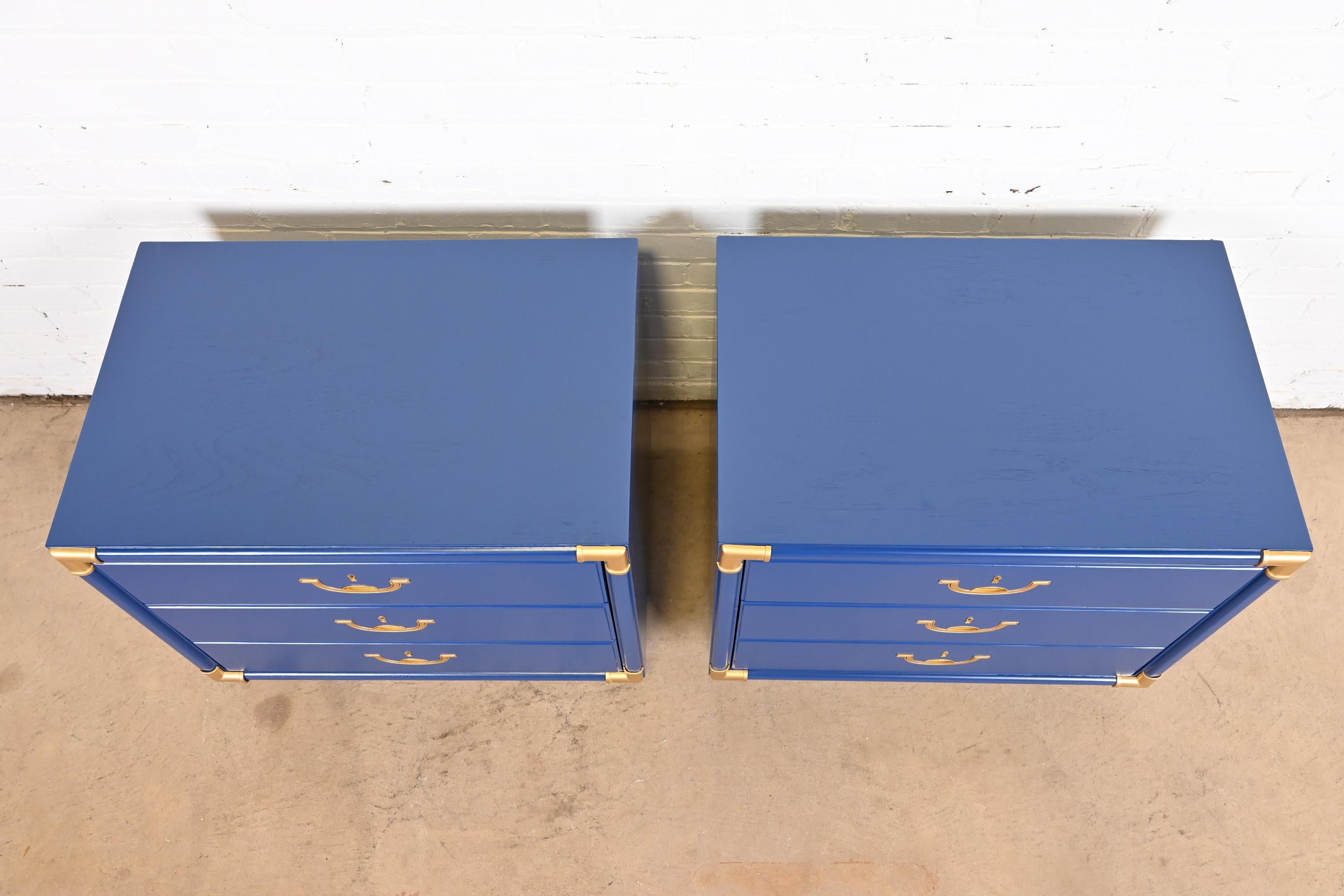 Drexel Mid-Century Modern Campaign Blue Lacquered Nightstands, Newly Refinished For Sale 5