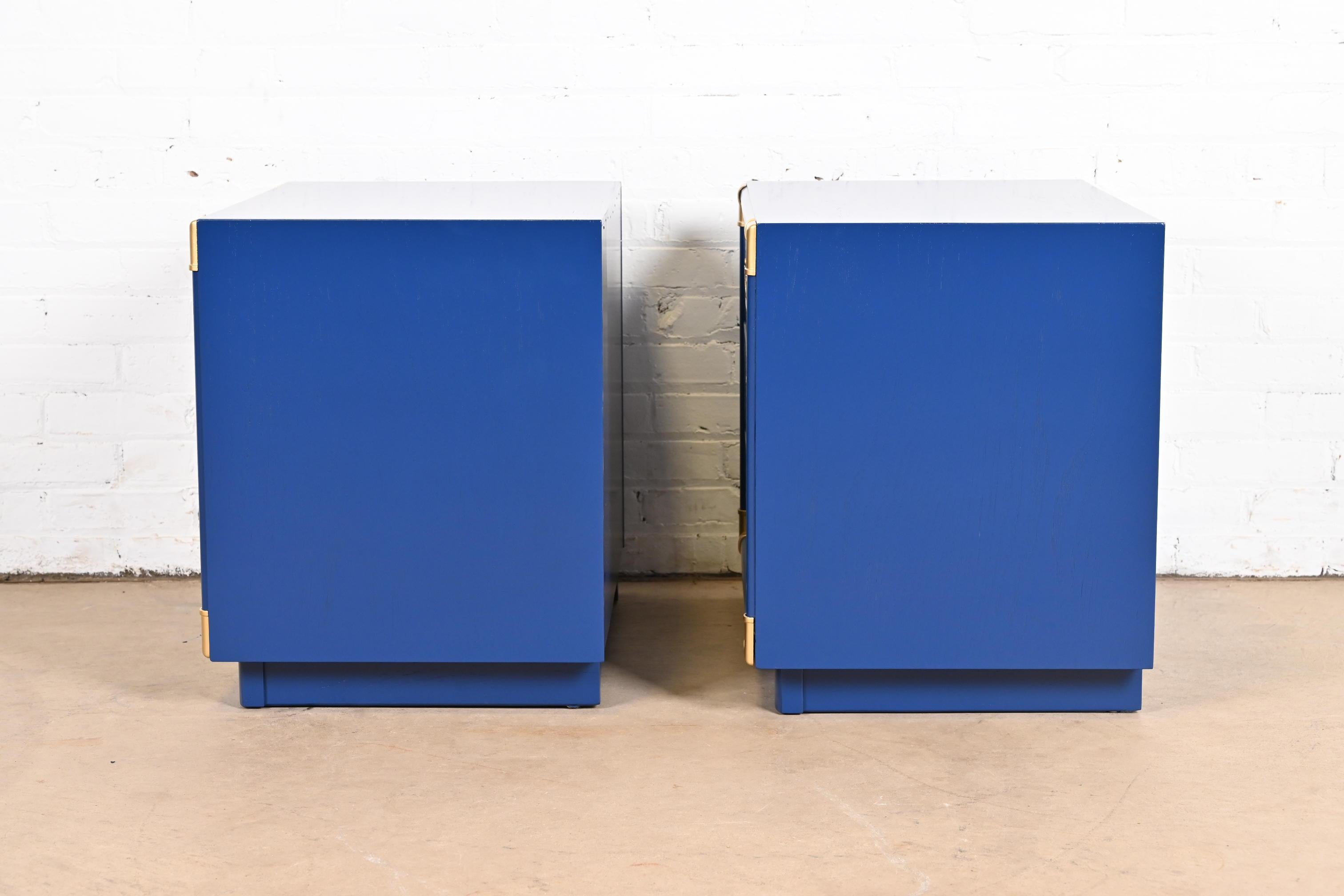 Drexel Mid-Century Modern Campaign Blue Lacquered Nightstands, Newly Refinished For Sale 6