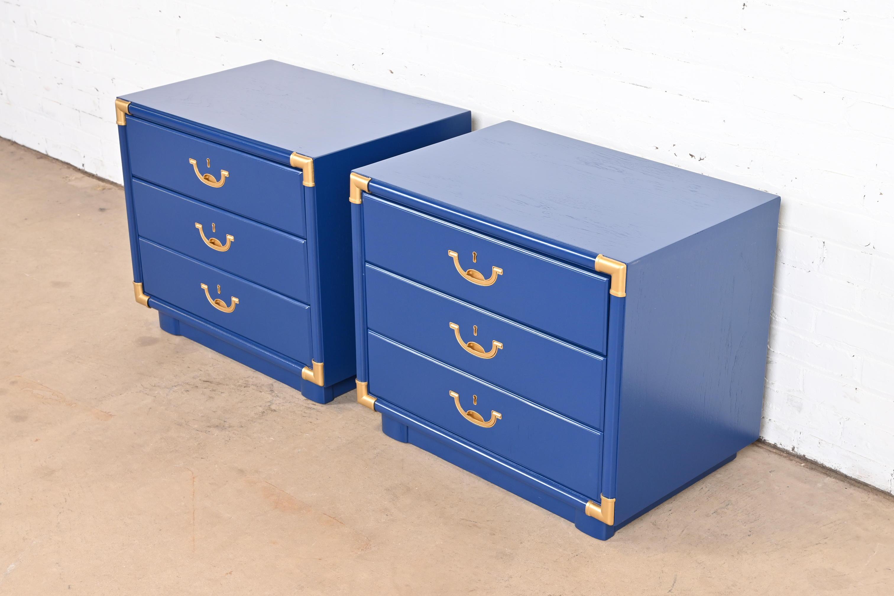 American Drexel Mid-Century Modern Campaign Blue Lacquered Nightstands, Newly Refinished For Sale