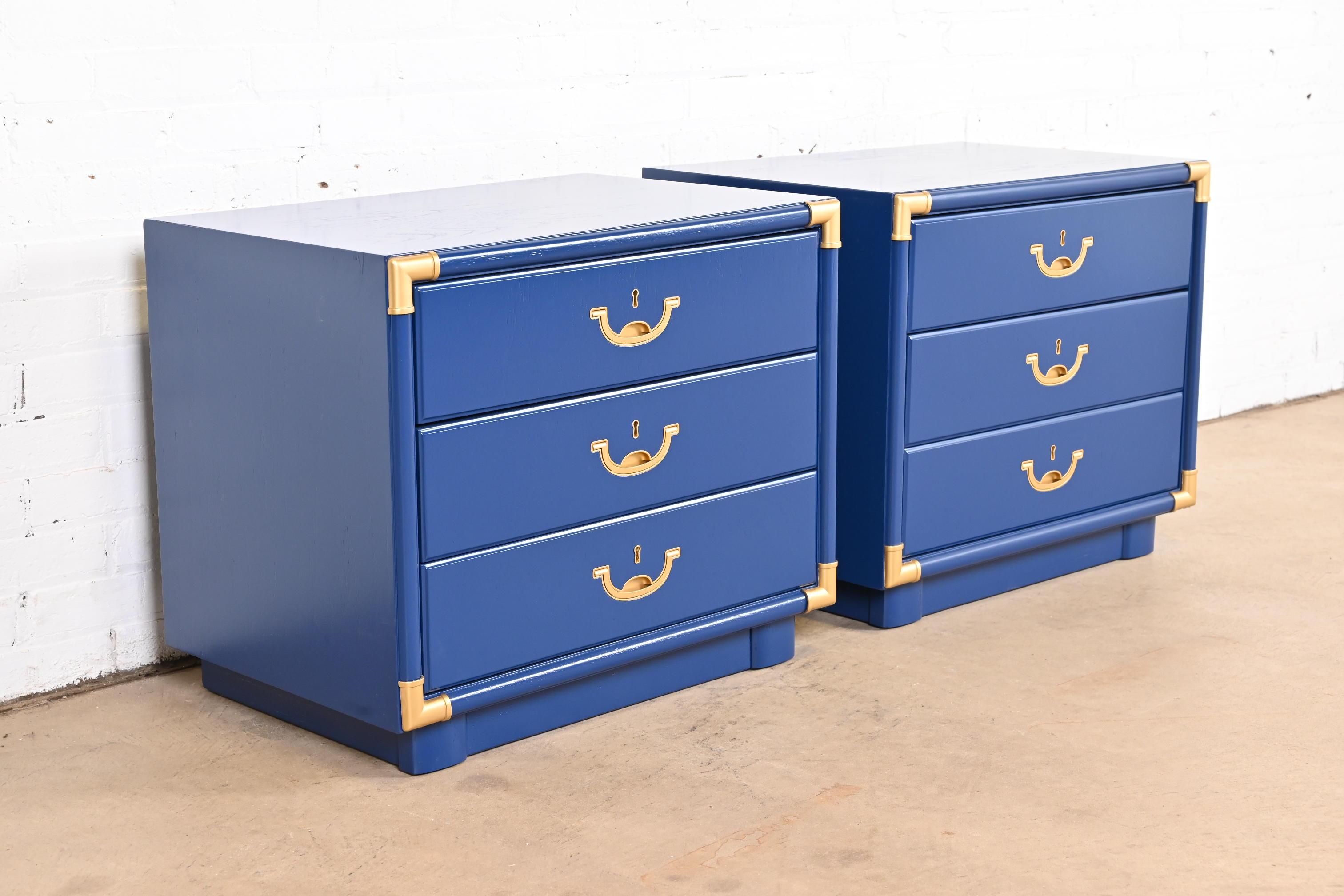 Late 20th Century Drexel Mid-Century Modern Campaign Blue Lacquered Nightstands, Newly Refinished For Sale