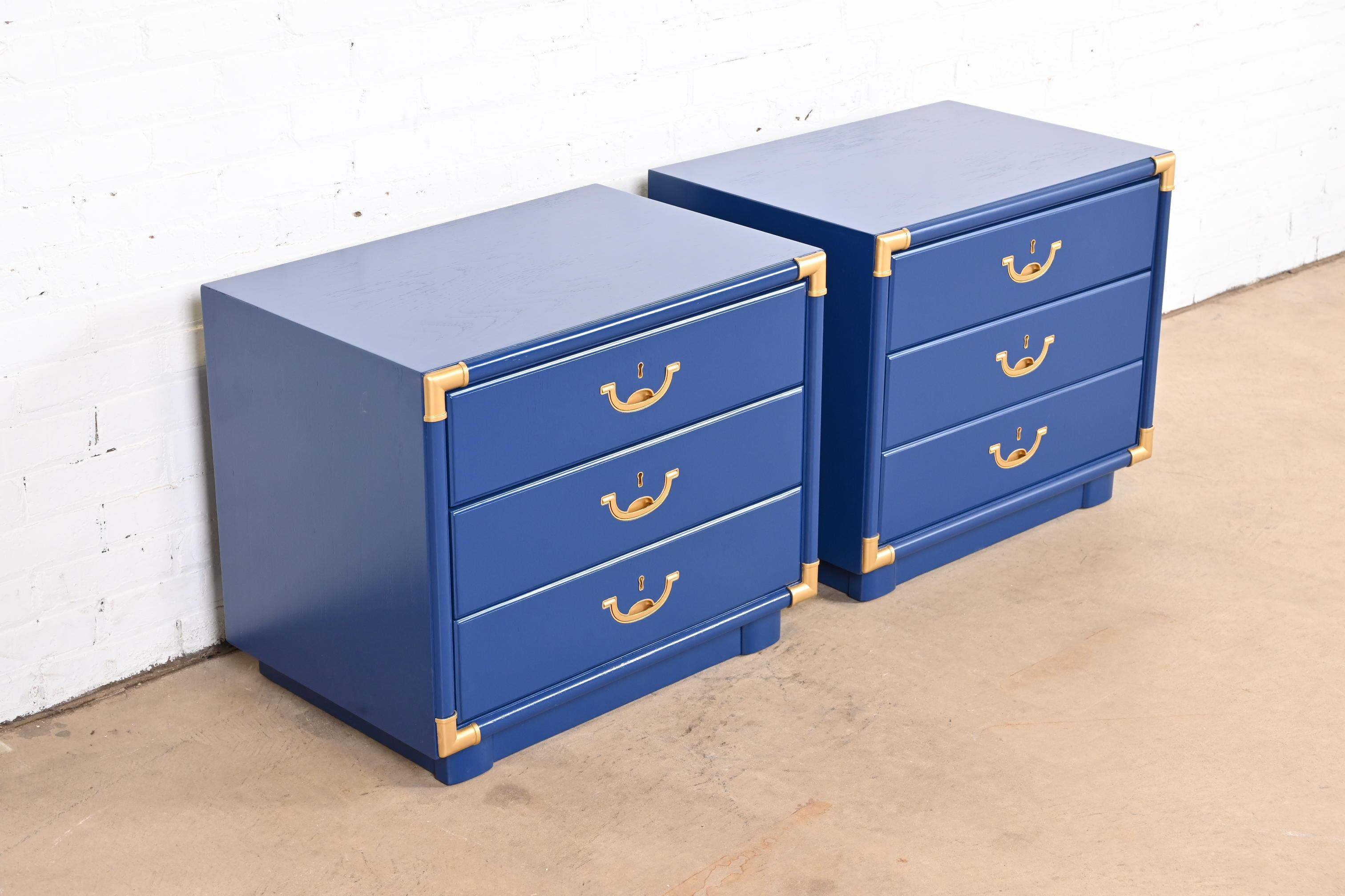 Brass Drexel Mid-Century Modern Campaign Blue Lacquered Nightstands, Newly Refinished For Sale
