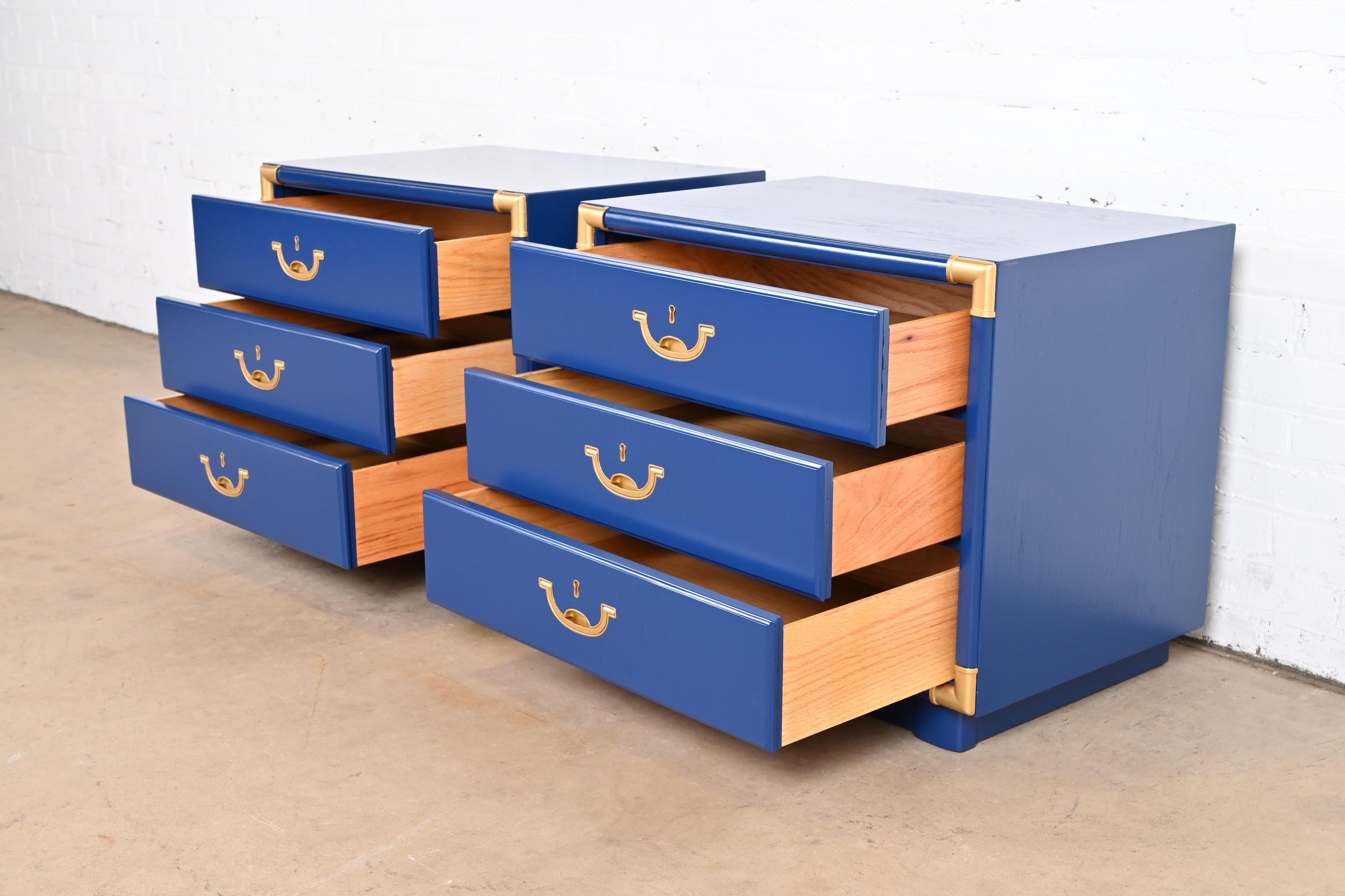 Drexel Mid-Century Modern Campaign Blue Lacquered Nightstands, Newly Refinished For Sale 1