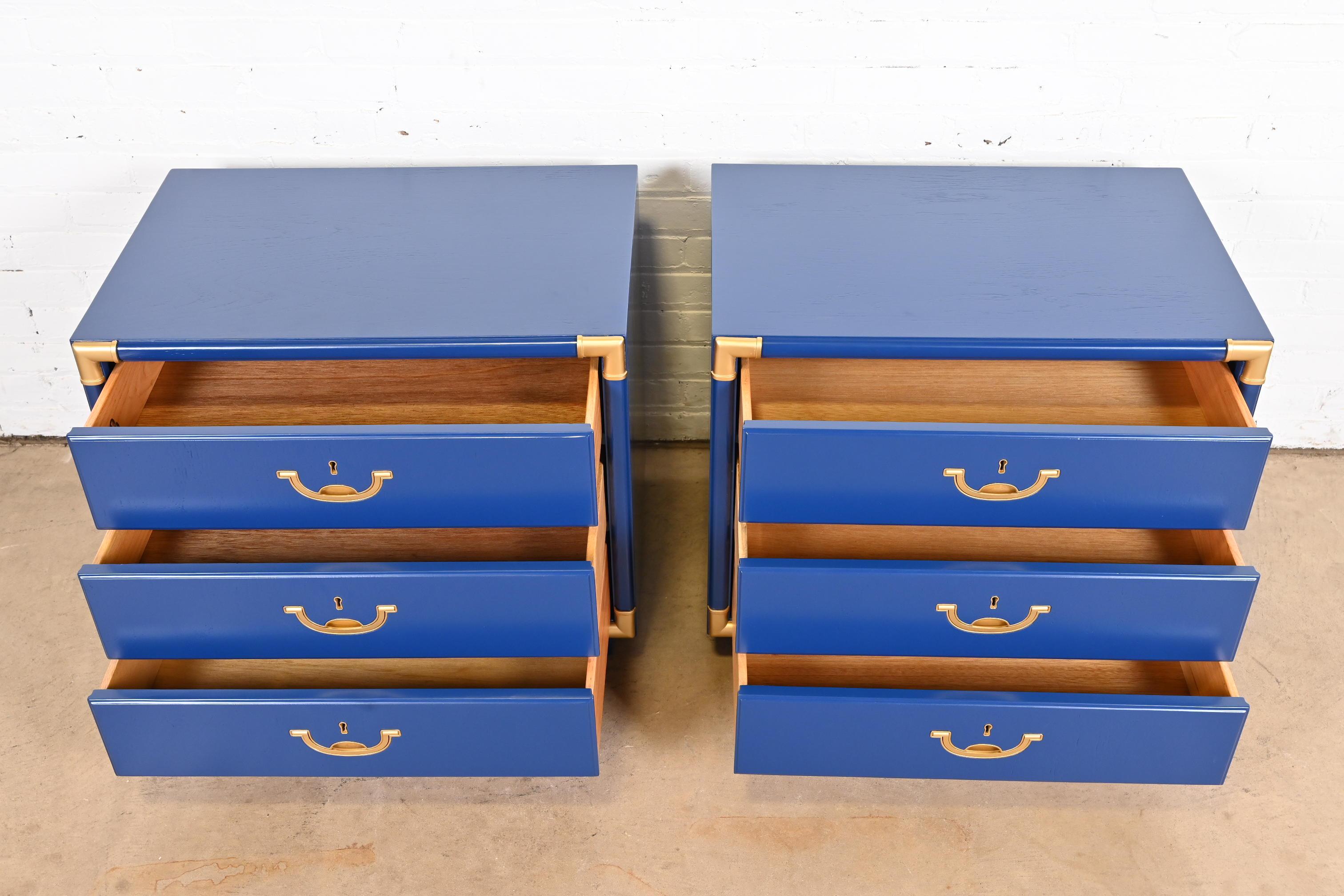 Drexel Mid-Century Modern Campaign Blue Lacquered Nightstands, Newly Refinished For Sale 2