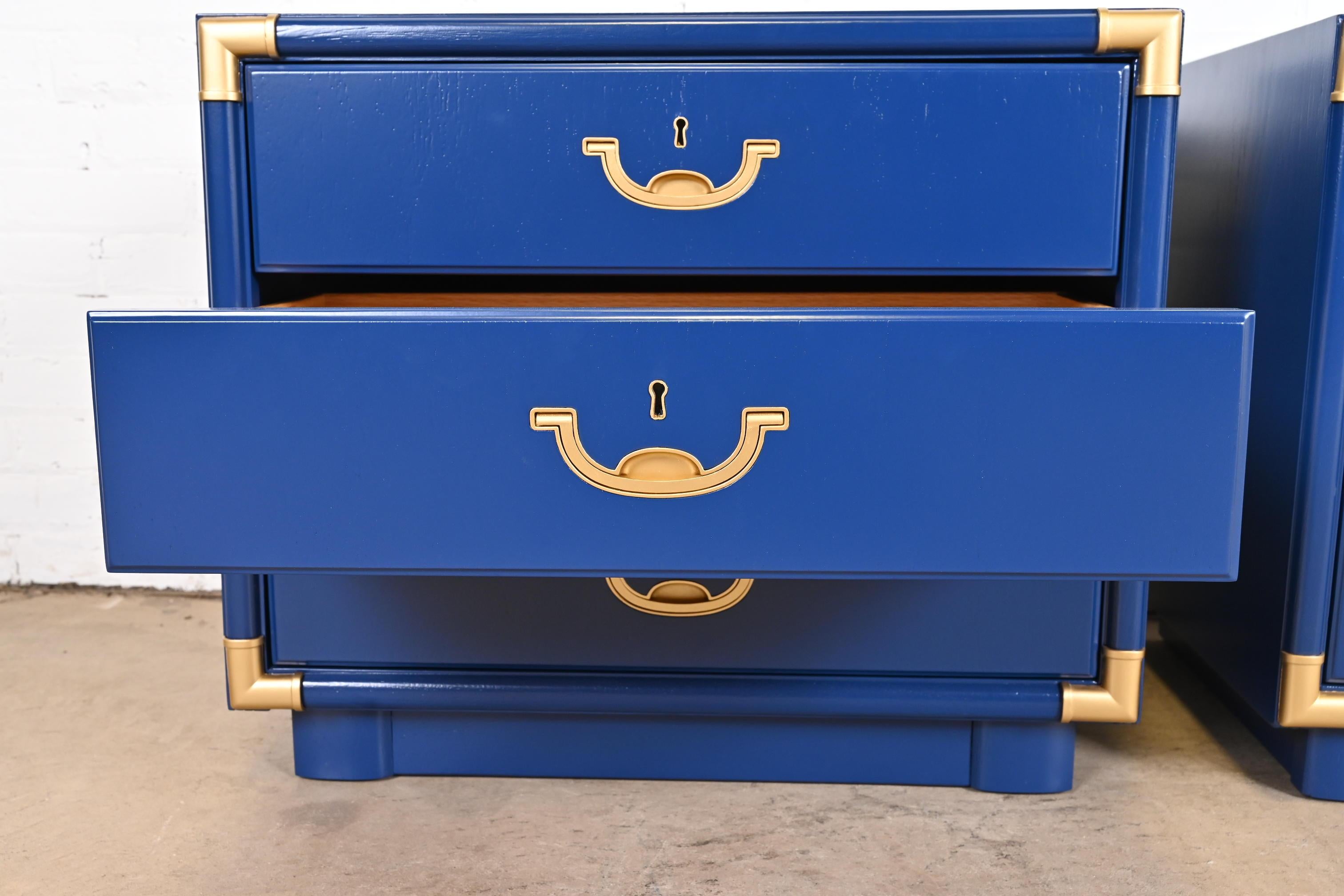 Drexel Mid-Century Modern Campaign Blue Lacquered Nightstands, Newly Refinished For Sale 3