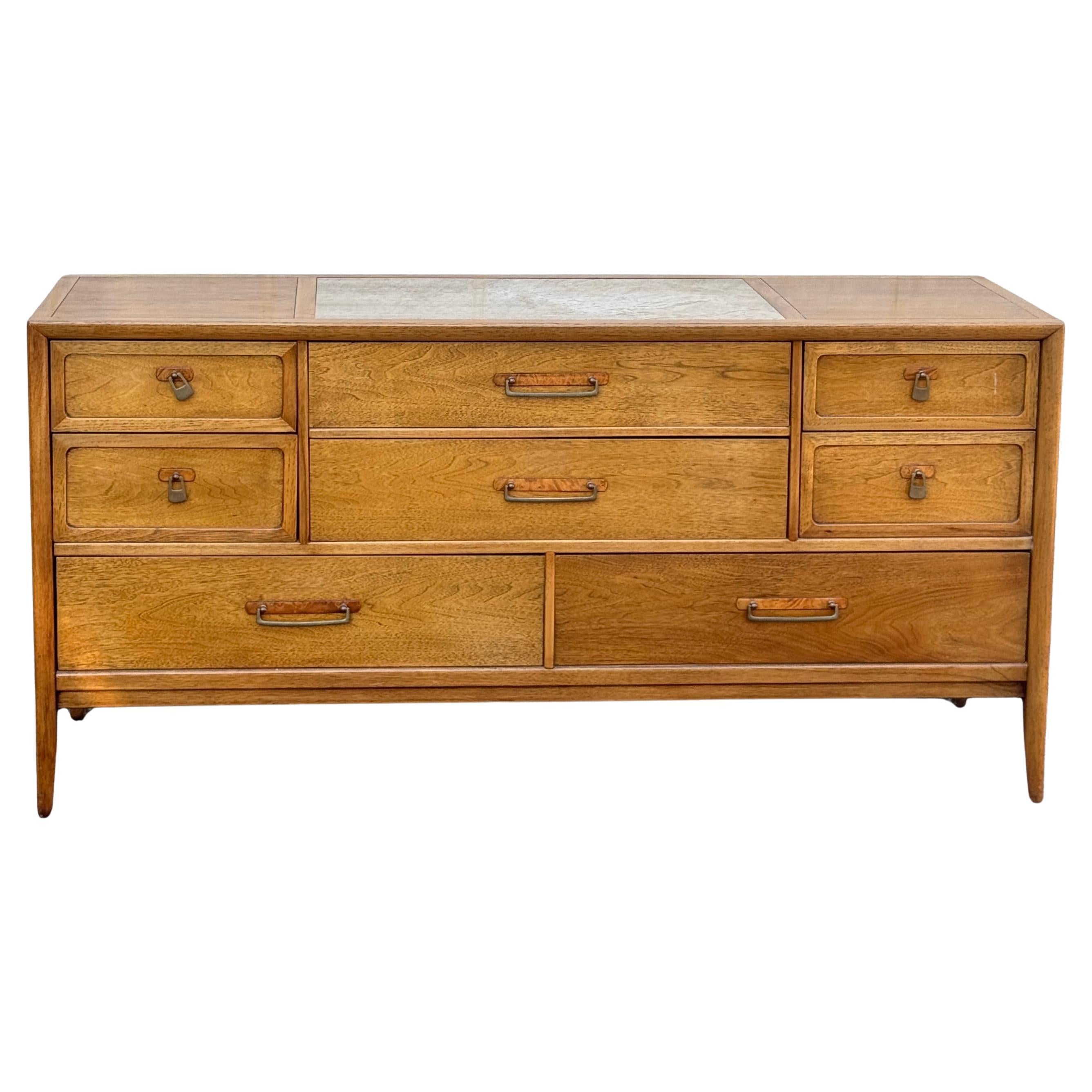 Drexel Mid-Century Modern Lowboy Dresser With Travertine Top