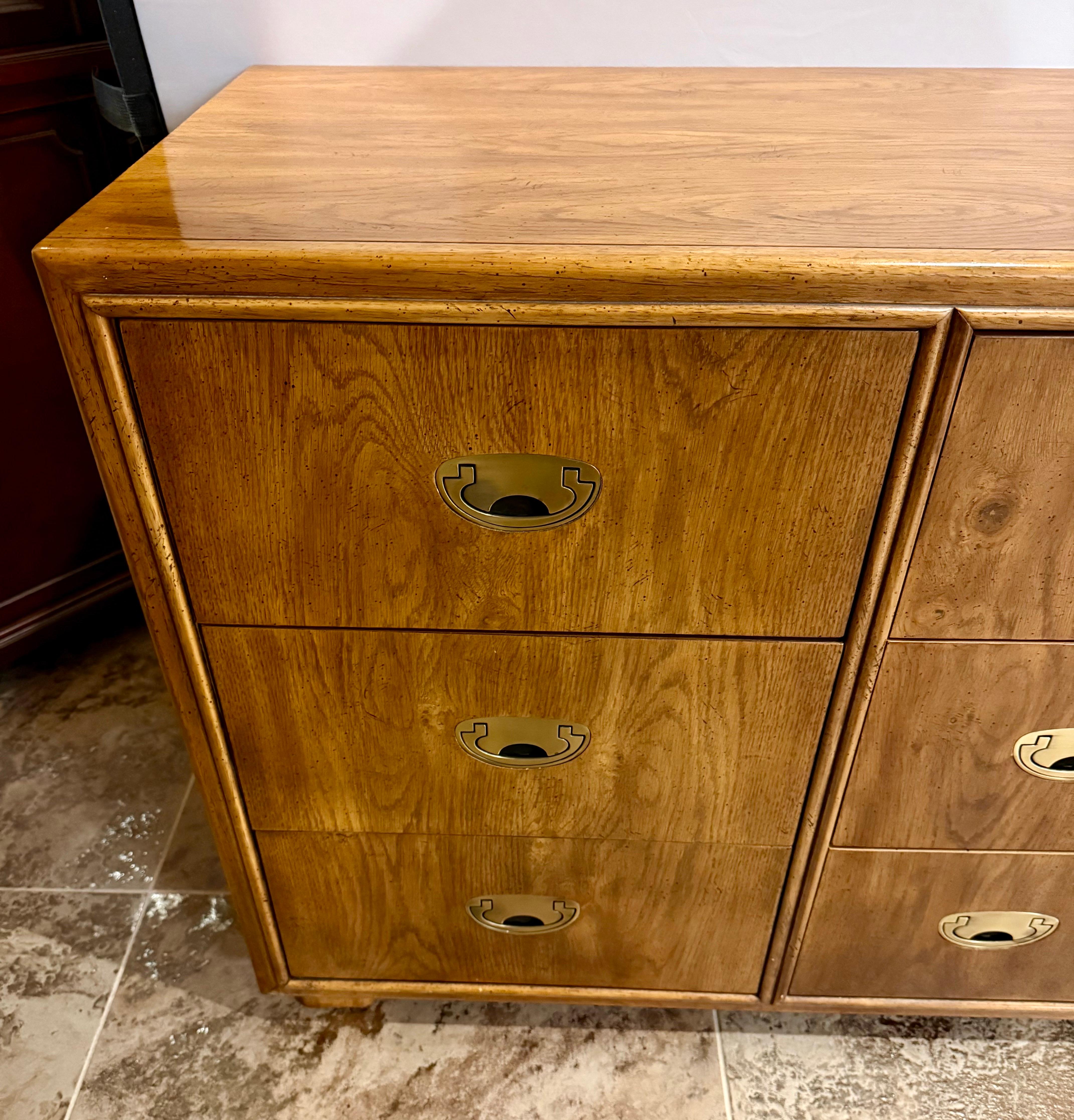 Mid-Century Modern Drexel Mid Century Modern Rare Campaign Style Nine Drawer Dresser Chest Drawers