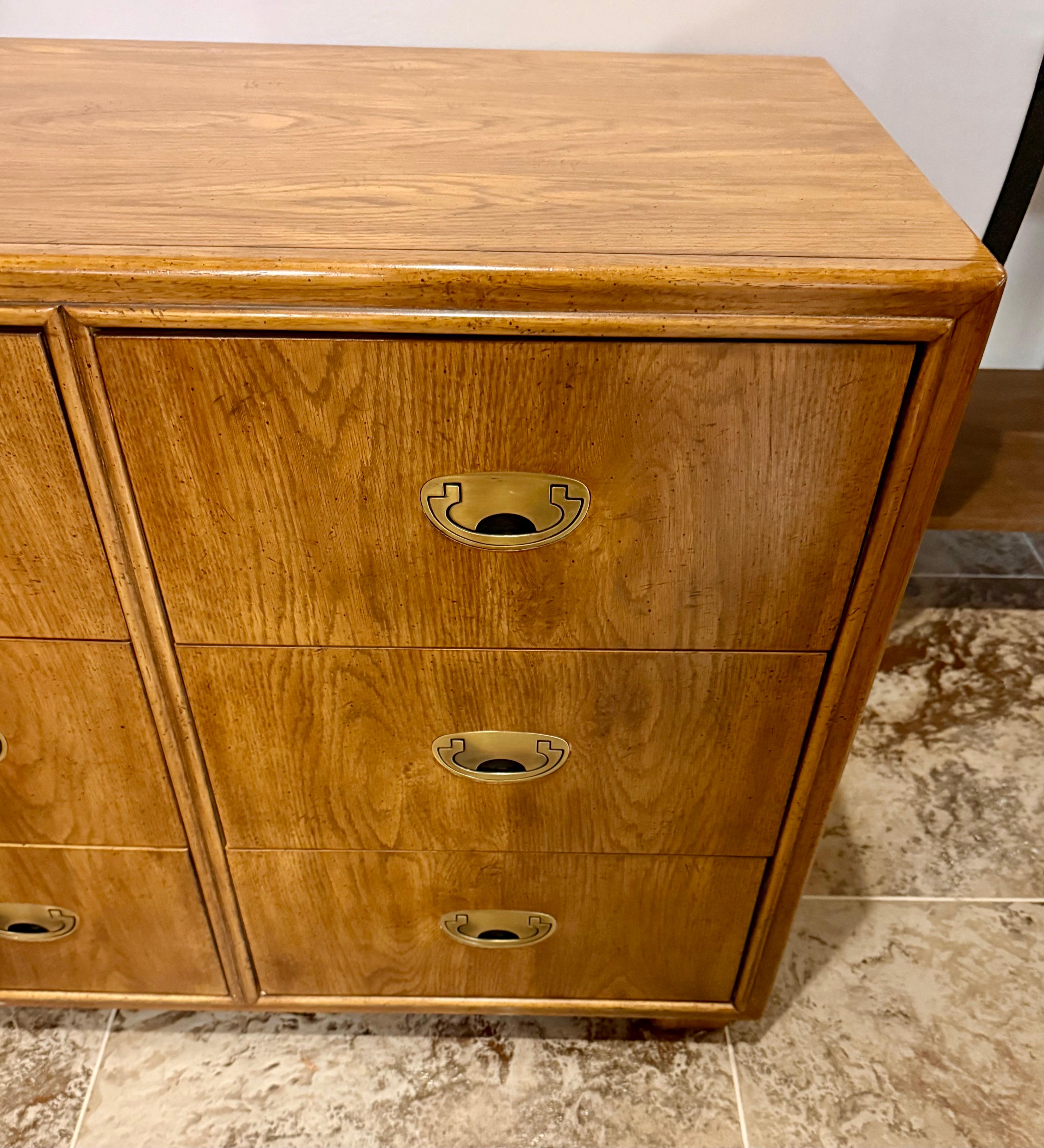 American Drexel Mid Century Modern Rare Campaign Style Nine Drawer Dresser Chest Drawers