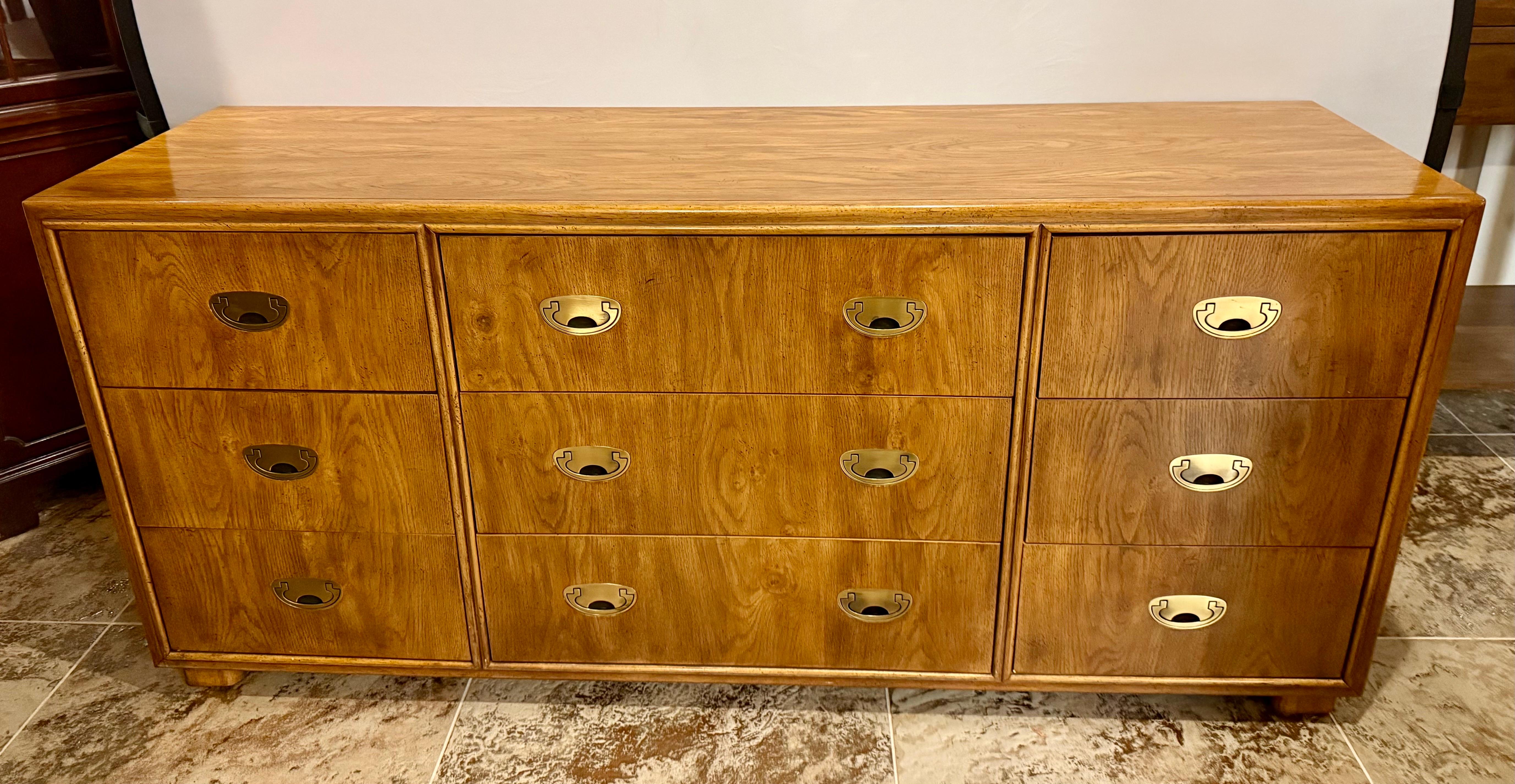 Drexel Mid Century Modern Rare Campaign Style Nine Drawer Dresser Chest Drawers In Good Condition In West Hartford, CT