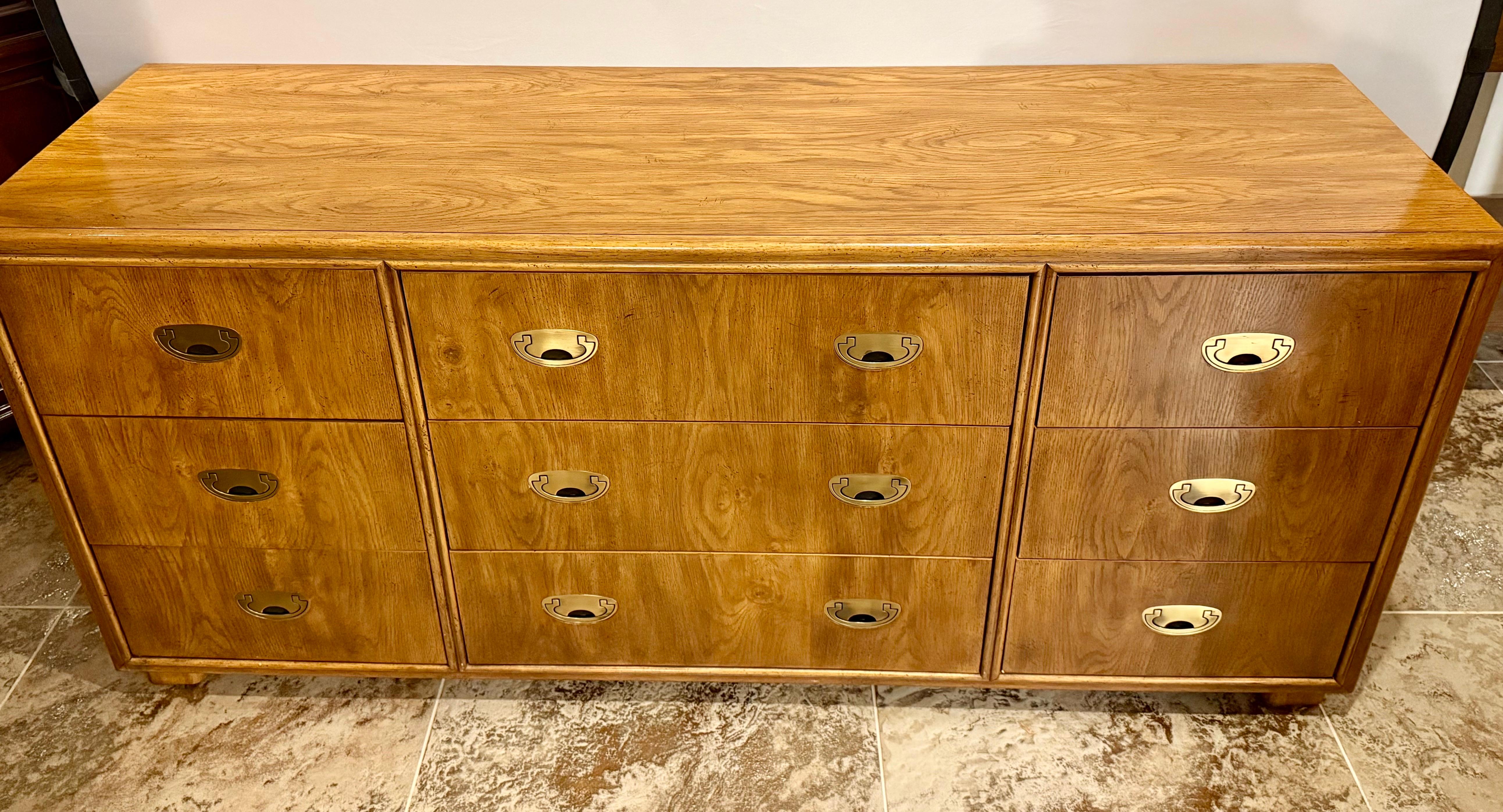 20th Century Drexel Mid Century Modern Rare Campaign Style Nine Drawer Dresser Chest Drawers