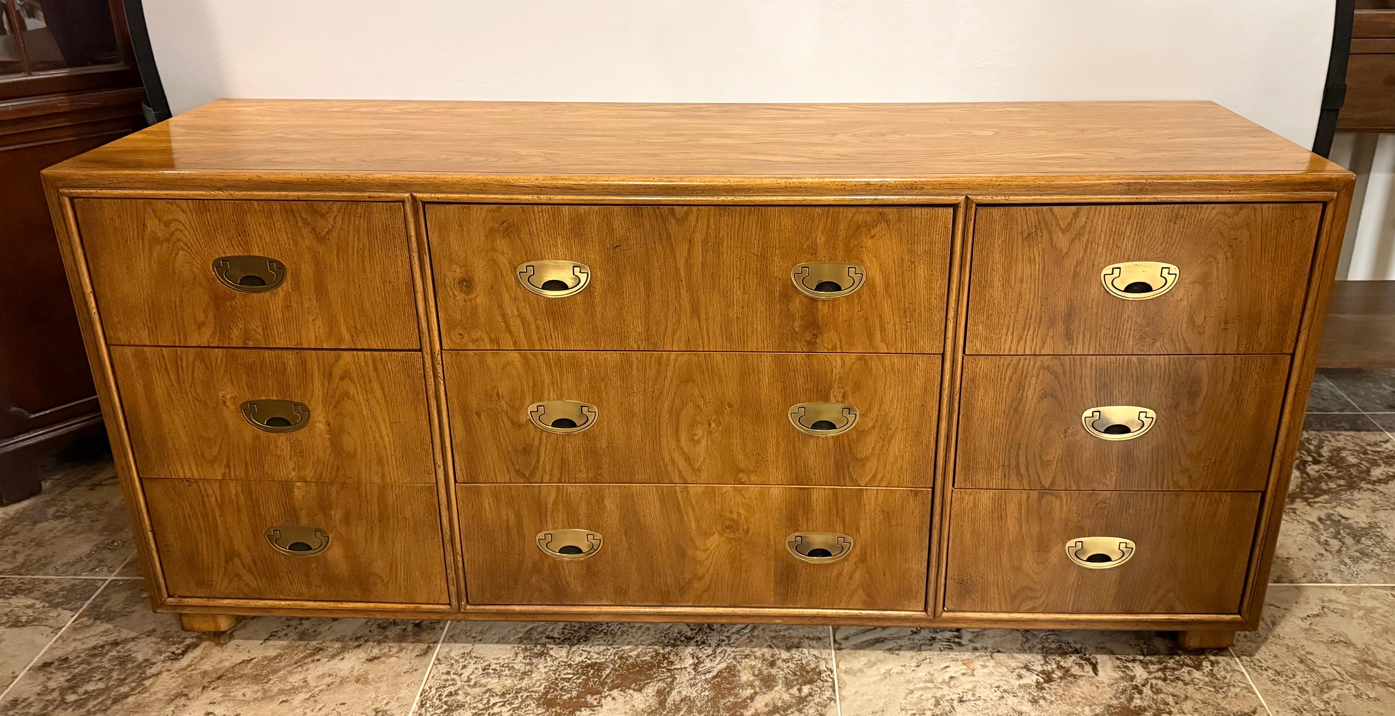 Brass Drexel Mid Century Modern Rare Campaign Style Nine Drawer Dresser Chest Drawers