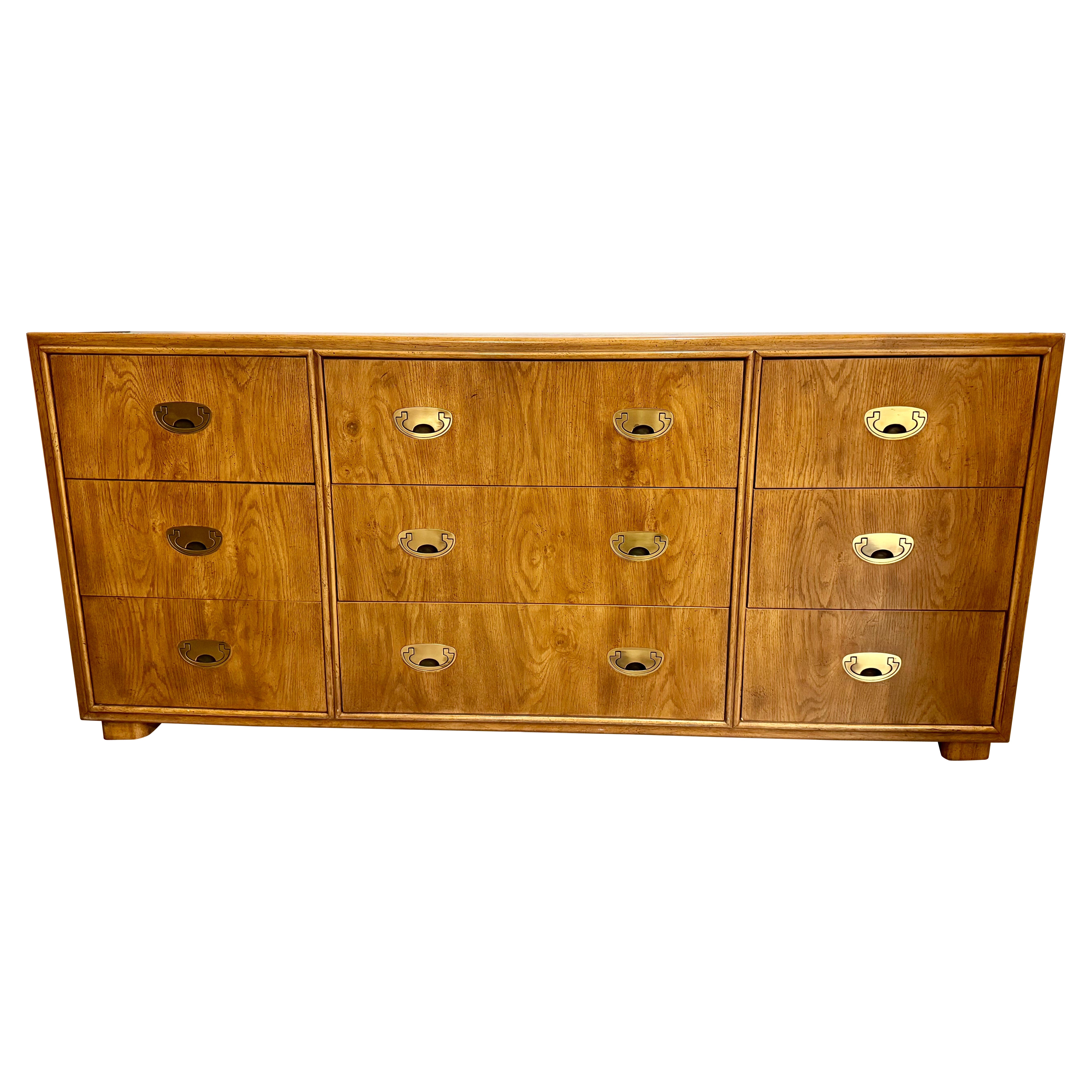 Drexel Mid Century Modern Rare Campaign Style Nine Drawer Dresser Chest Drawers