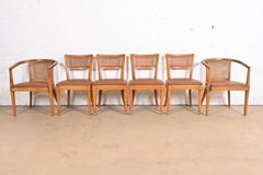 Drexel Mid-Century Modern Sculpted Walnut and Cane Dining Chairs, Set of Six