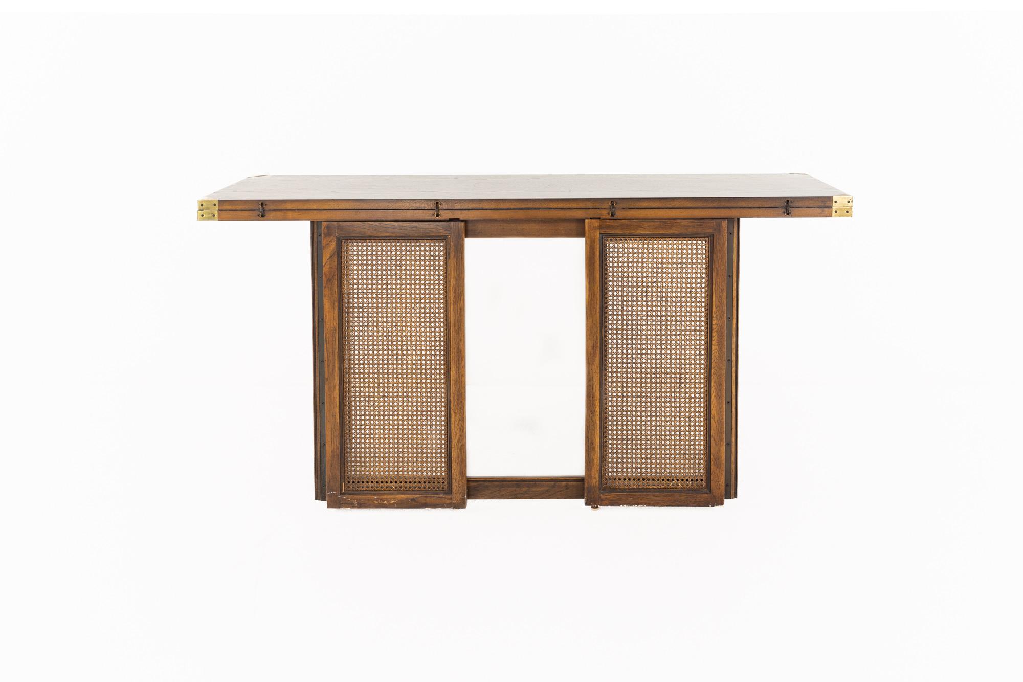Late 20th Century Drexel Mid Century Walnut and Cane Flip Console Dining Table