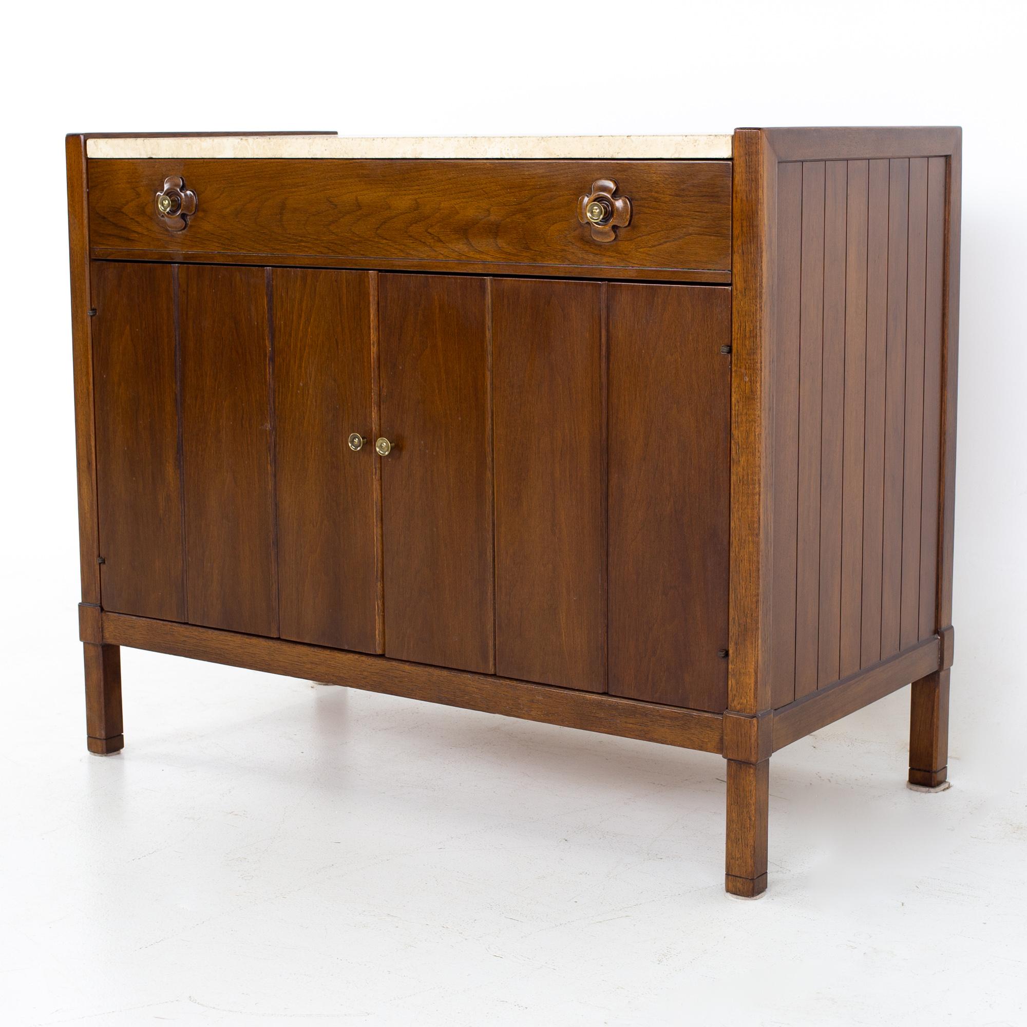 Drexel mid century walnut Travertine marble and brass bar record credenza
Record credenza measures: 37.75 wide x 19.5 deep x 30.5 inches high

 All pieces of furniture can be had in what we call restored vintage condition. That means the piece is