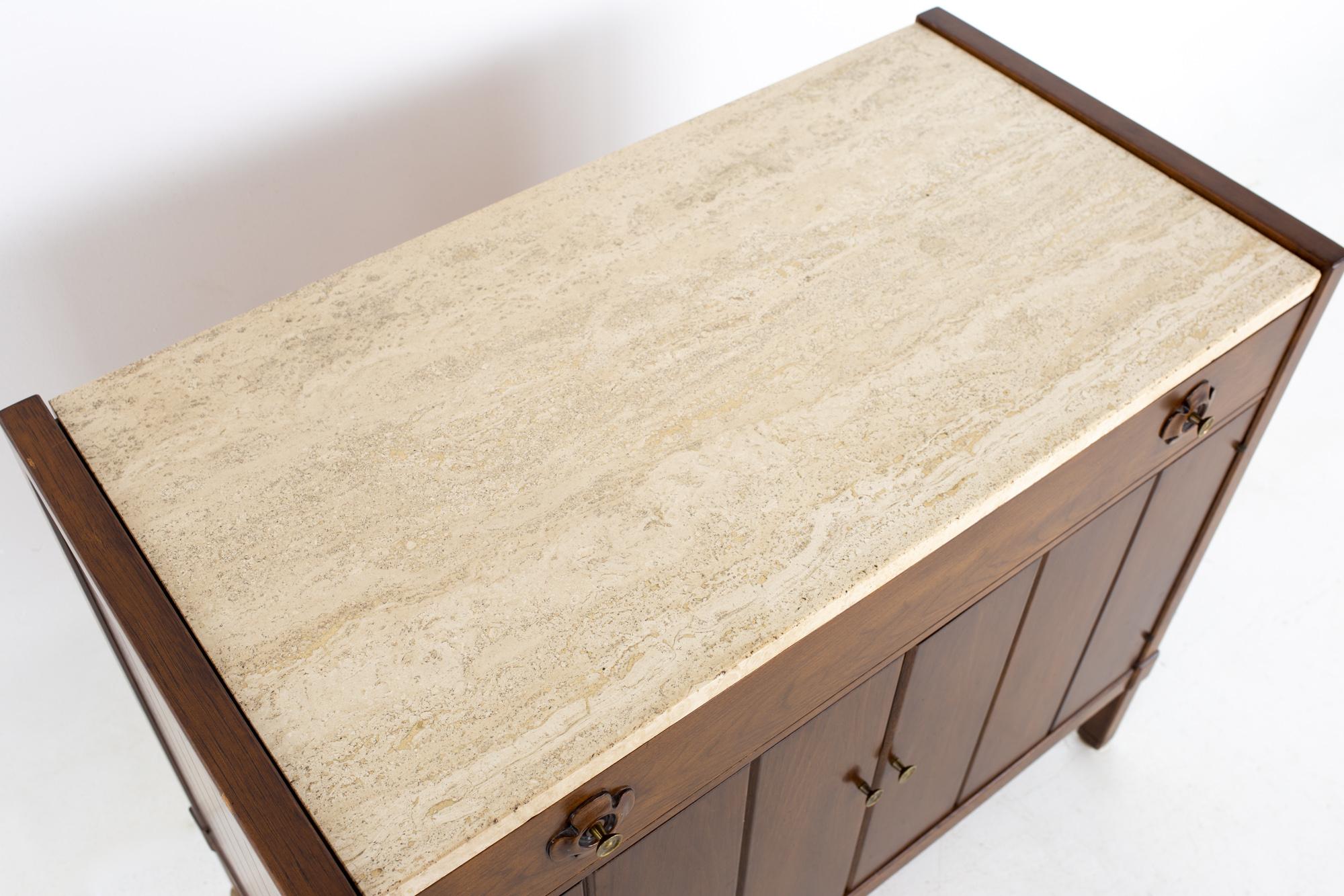 Late 20th Century Drexel Mid Century Walnut Travertine Marble and Brass Bar Record Credenza