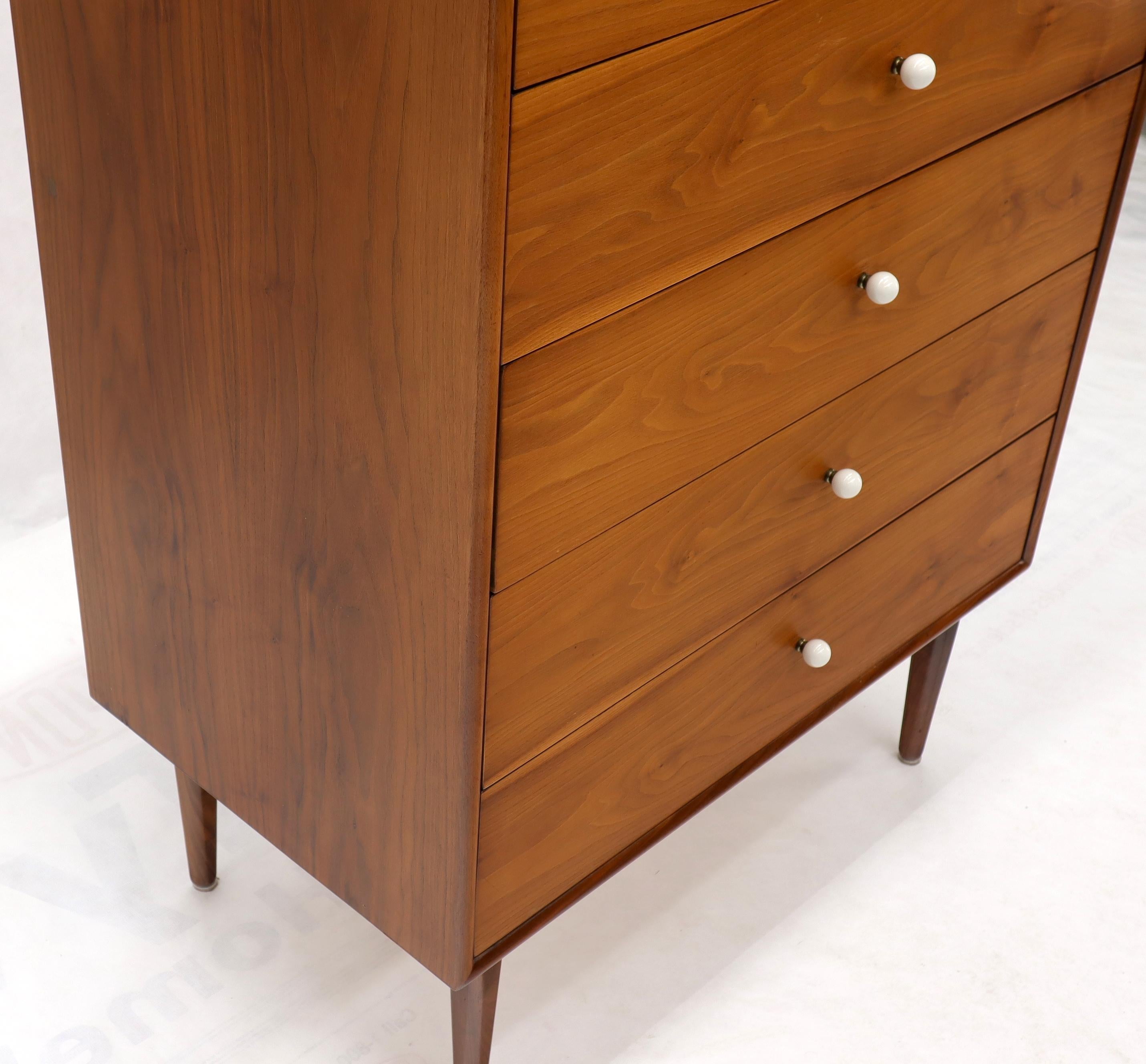 Drexel Oiled Walnut Porcelain Pulls 5 Drawers High Chest Dresser Midcentury 4