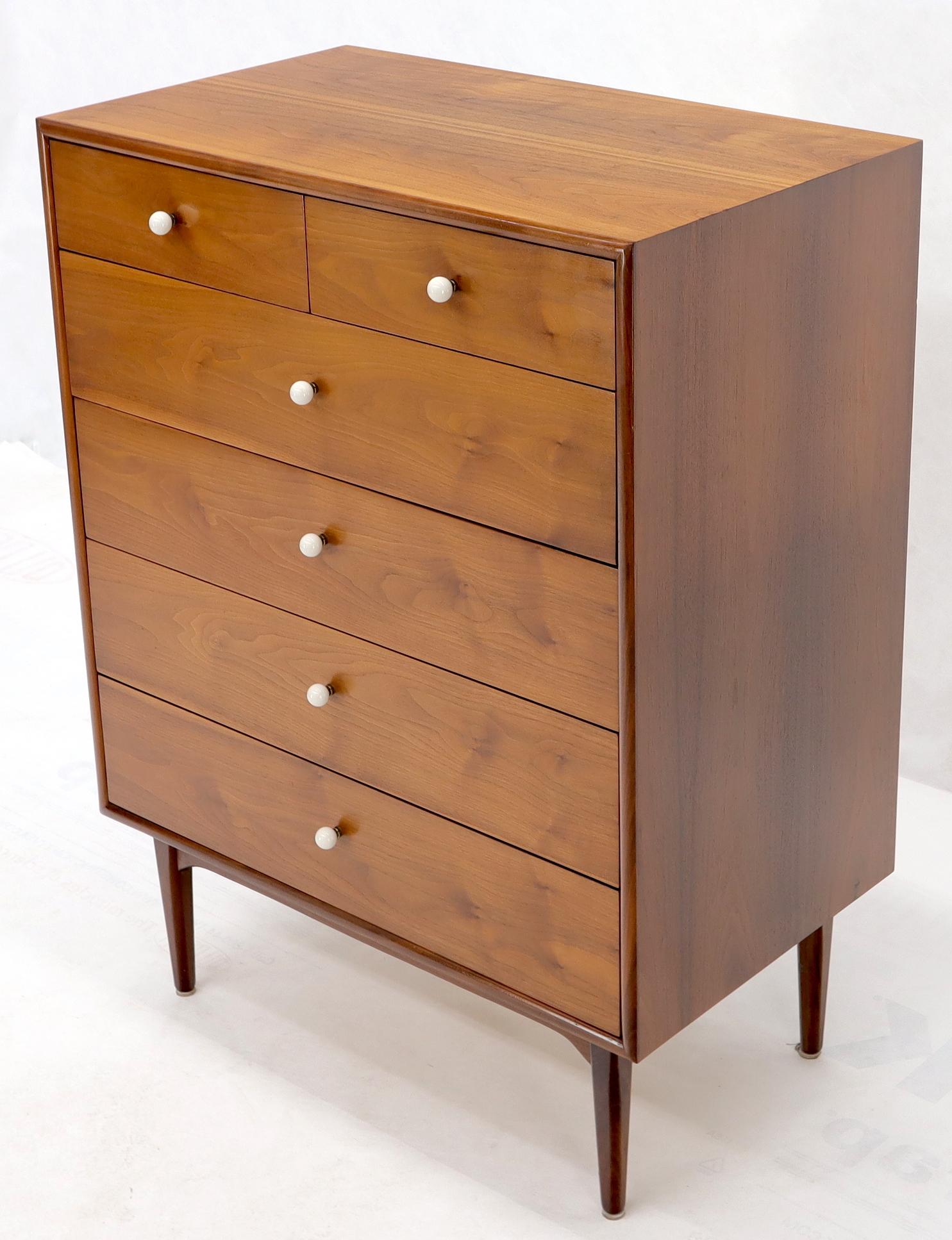 Mid-Century Modern Drexel Oiled Walnut Porcelain Pulls 5 Drawers High Chest Dresser Midcentury