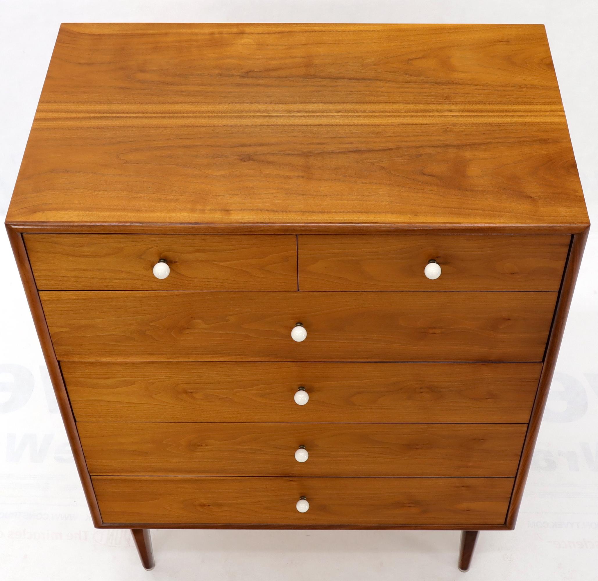 Lacquered Drexel Oiled Walnut Porcelain Pulls 5 Drawers High Chest Dresser Midcentury