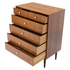 Drexel Oiled Walnut Porcelain Pulls 5 Drawers High Chest Dresser Midcentury