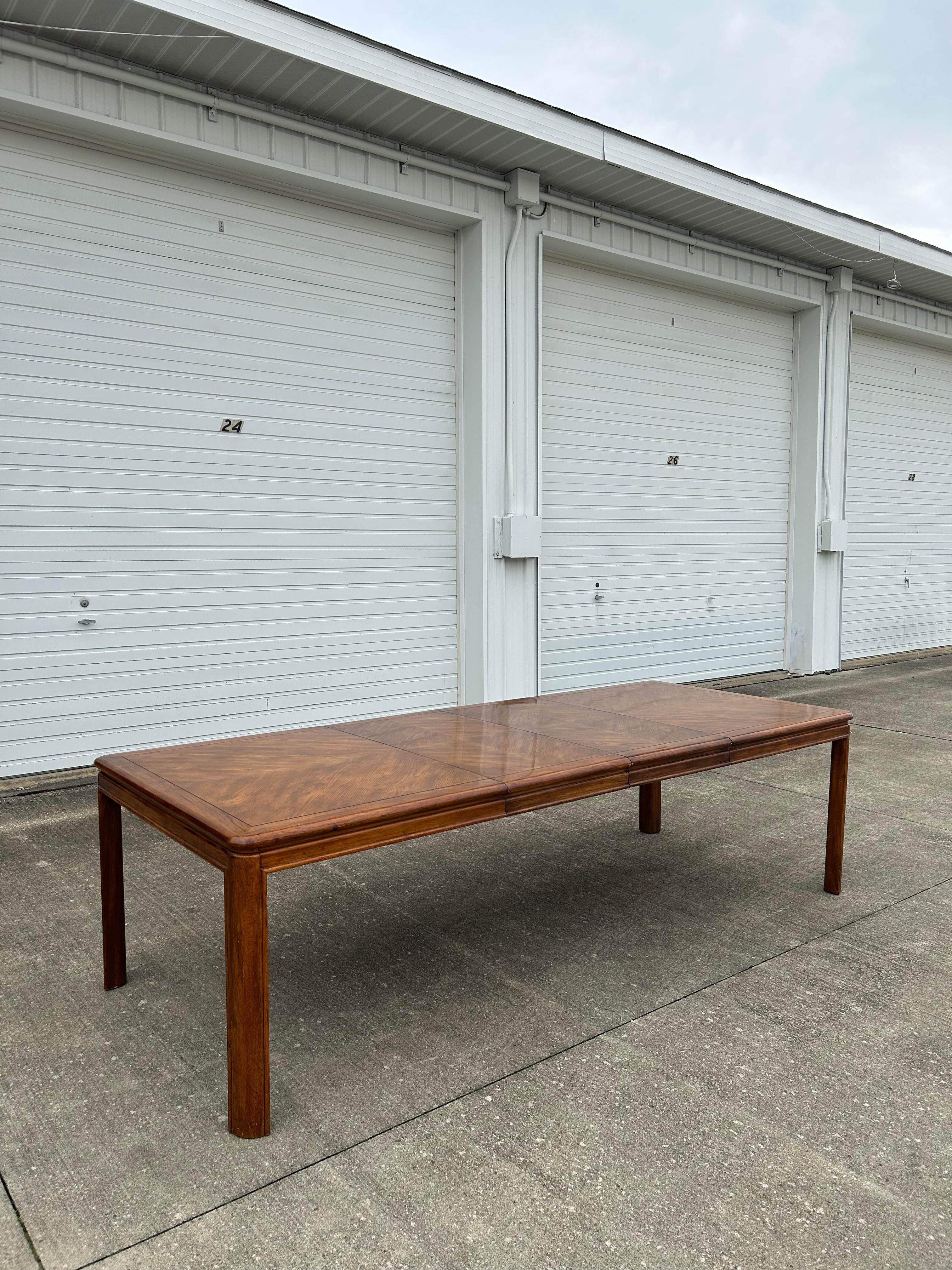 Very large Drexel Passage Postmodern Dining Table w/ 2 Leaves!! It does have some light scratches but it doesn't have any structural damages. Great for large family's or gatherings!

Both leaves 104”w x 42d x 29h
64