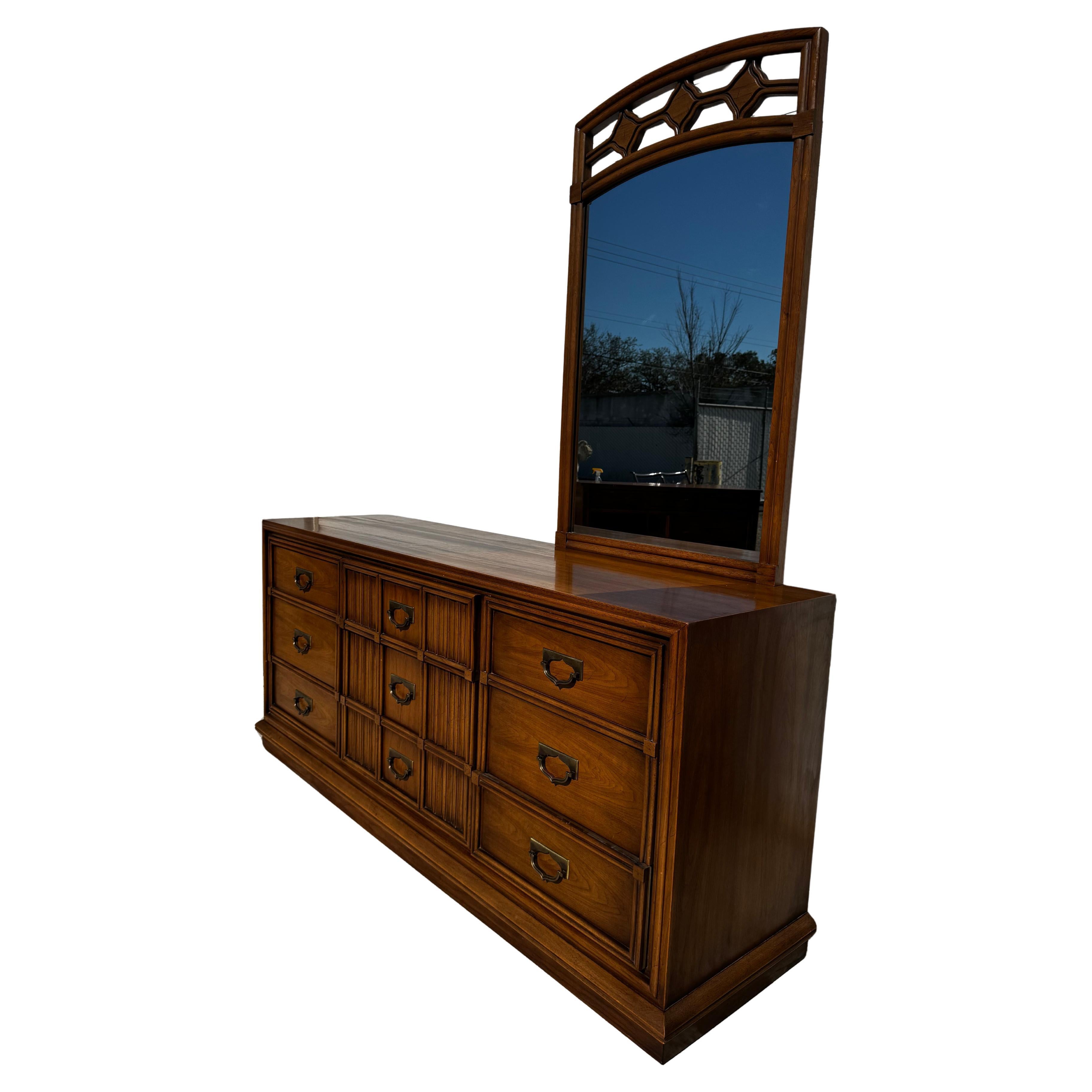 Drexel Plaudit collection Walnut 9 Drawer Dresser with Mirror