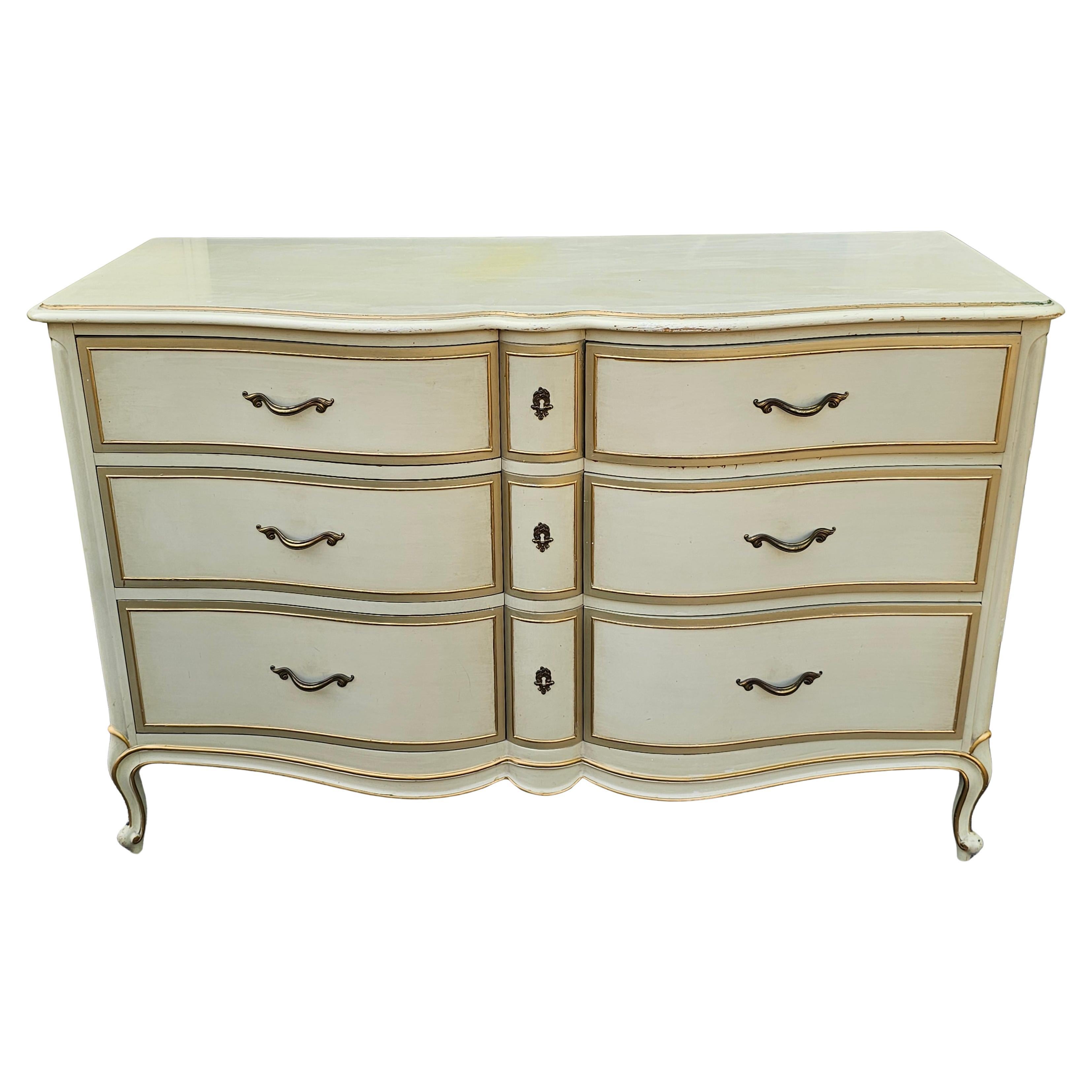 Drexel Provincial Serpentine Mahogany Partial Gilt and Cream Double Dresser