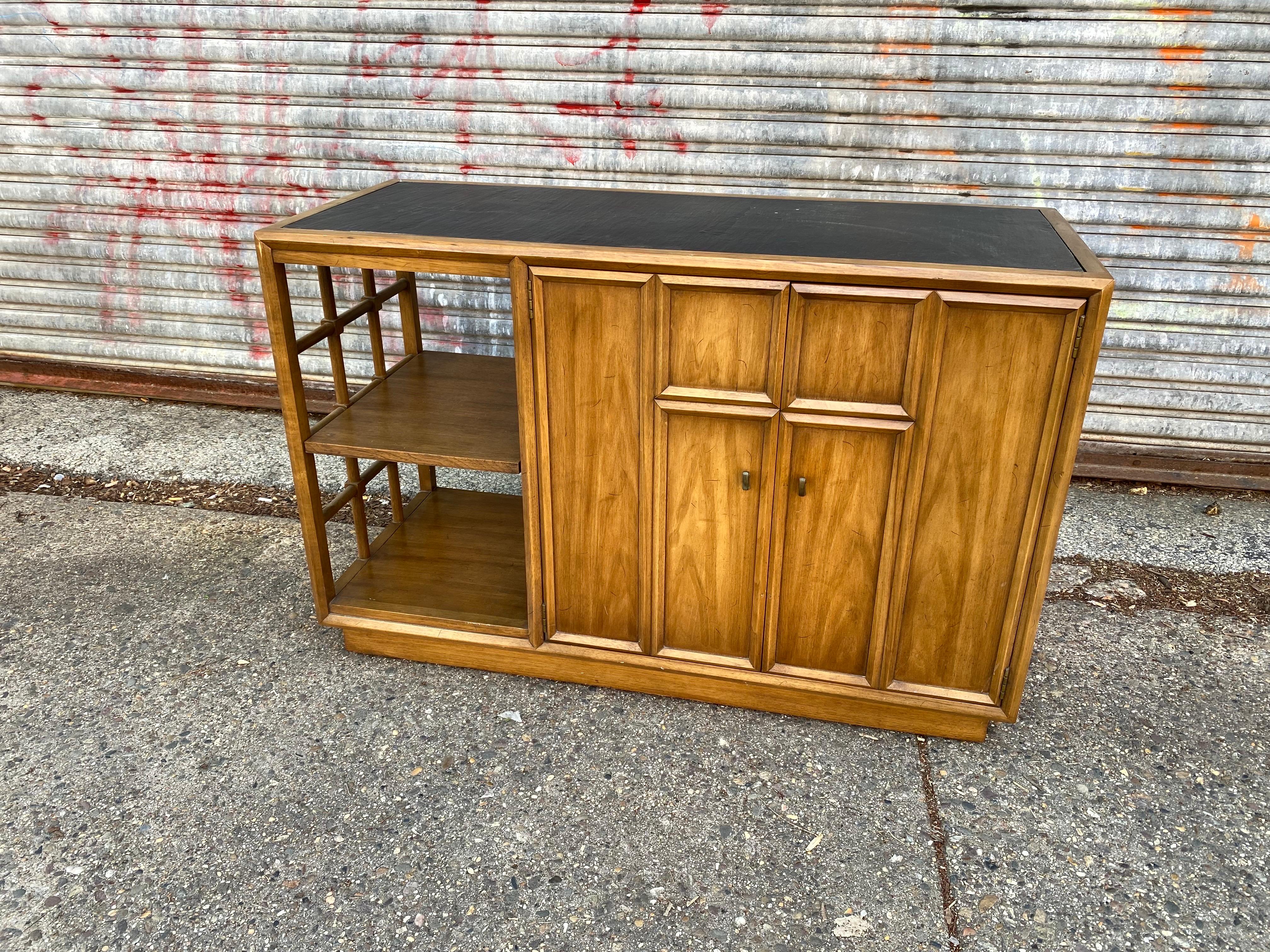 Drexel Serving Buffet, Rolling Cart. Crazy useful and versatile! Faux Slate Top makes for easy care! Beautiful Lattice Design on left end. Two doors open to reveal pull out drawer. All in very nice clean Original Condition! Wood finish shows