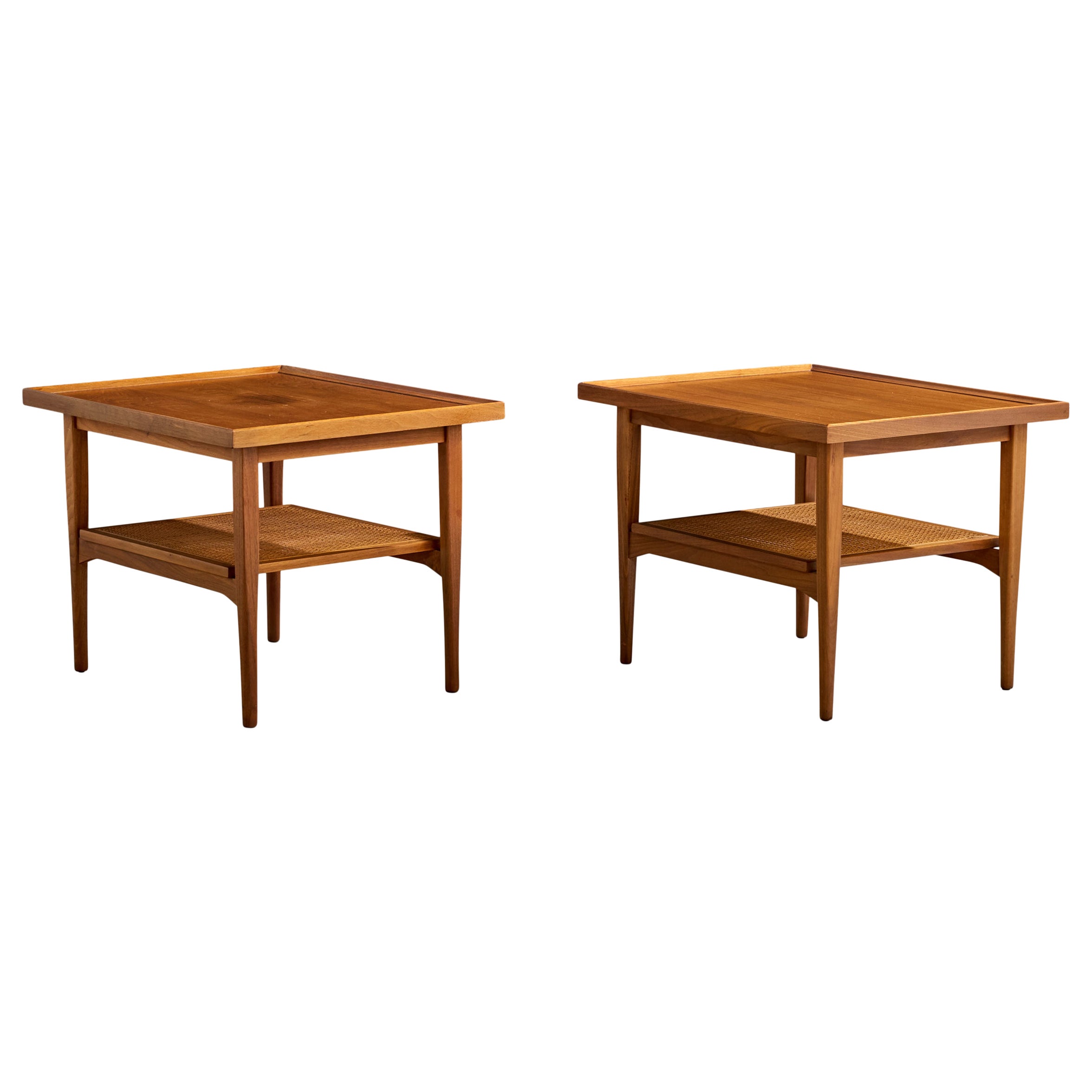 Drexel, Side Tables, Walnut, Cane, USA, 1950s For Sale