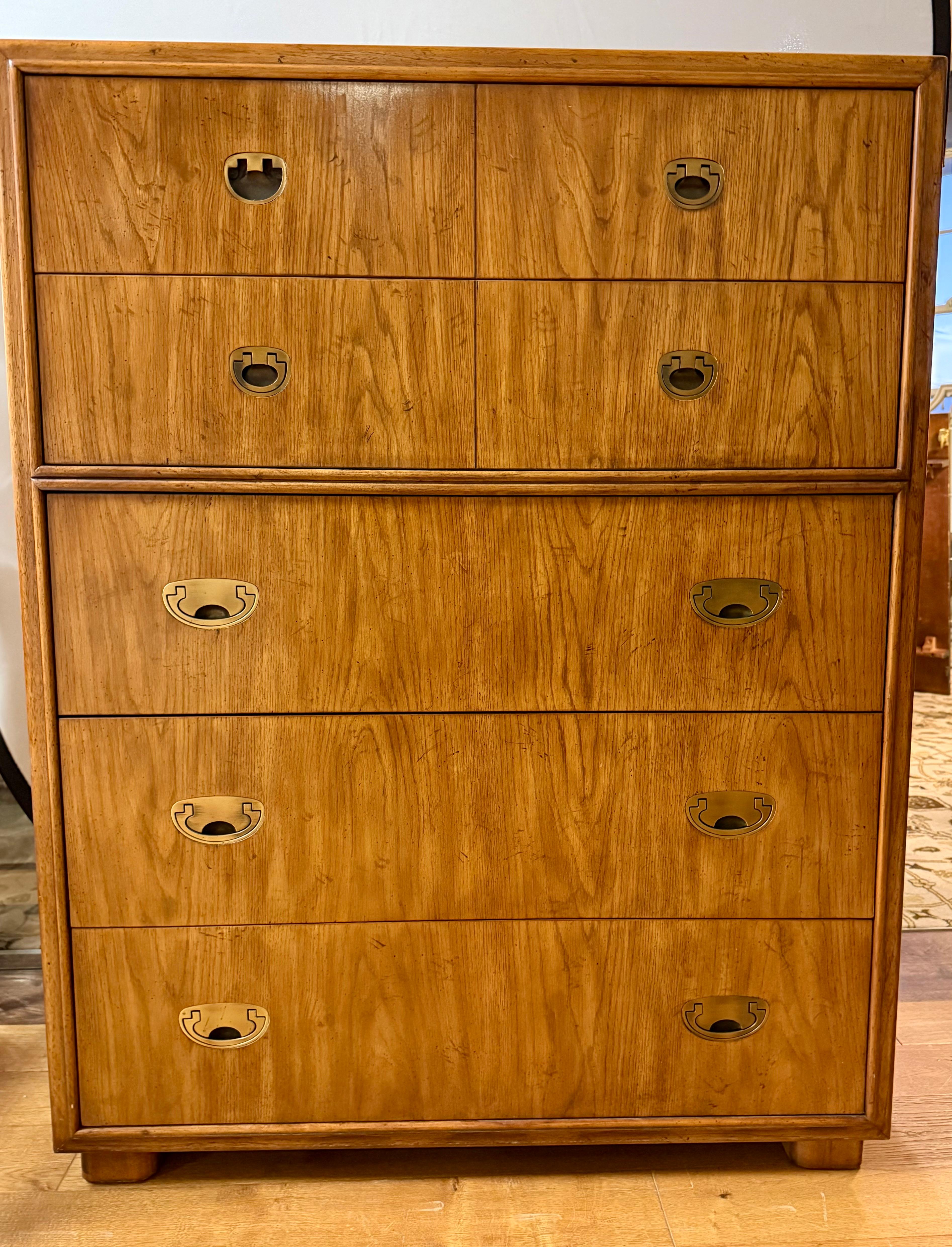 Drexel Signed Mid Century Modern Campaign Style Five Drawer Tall Dresser Highboy 3