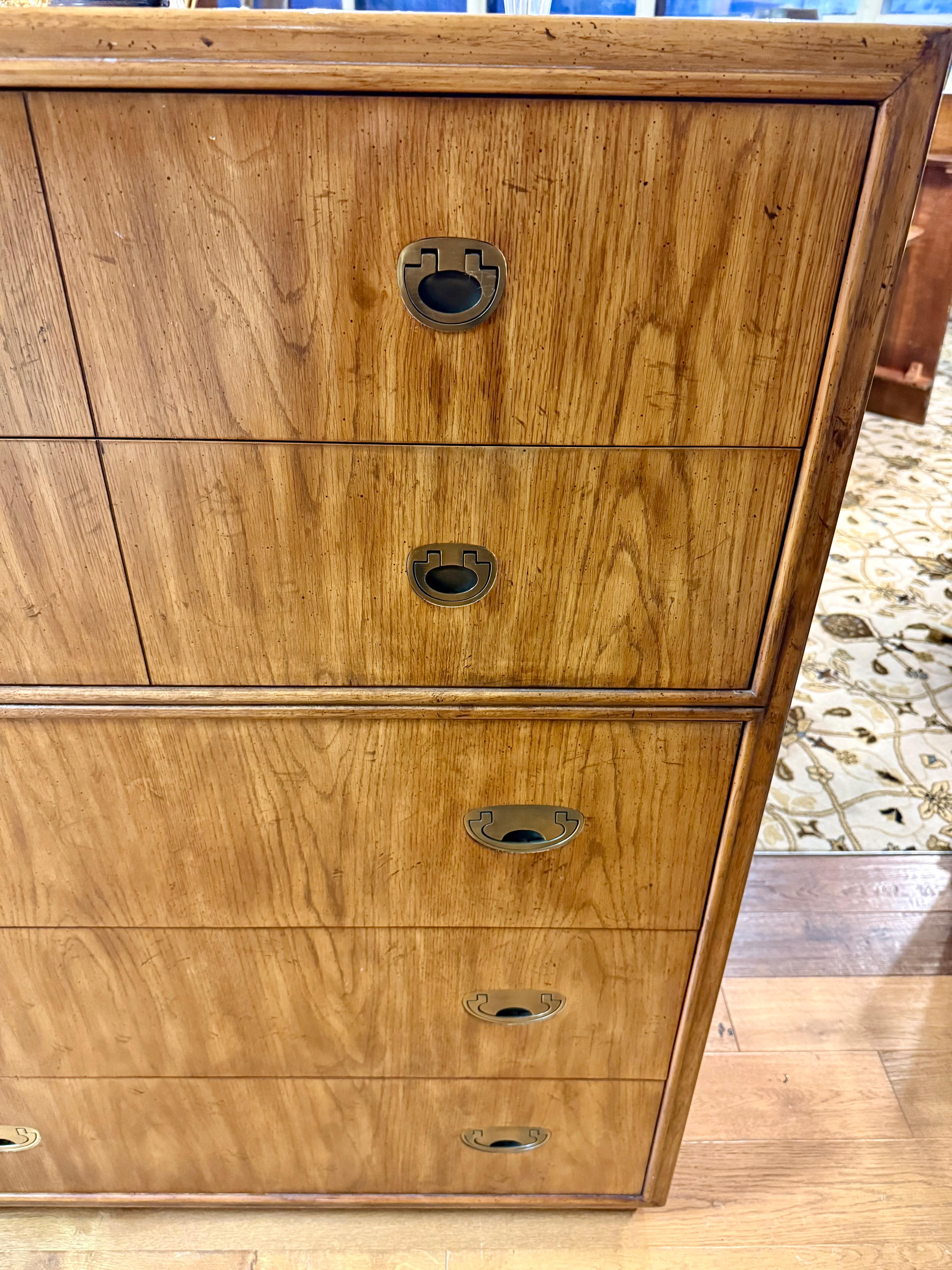 Drexel Signed Mid Century Modern Campaign Style Five Drawer Tall Dresser Highboy 4