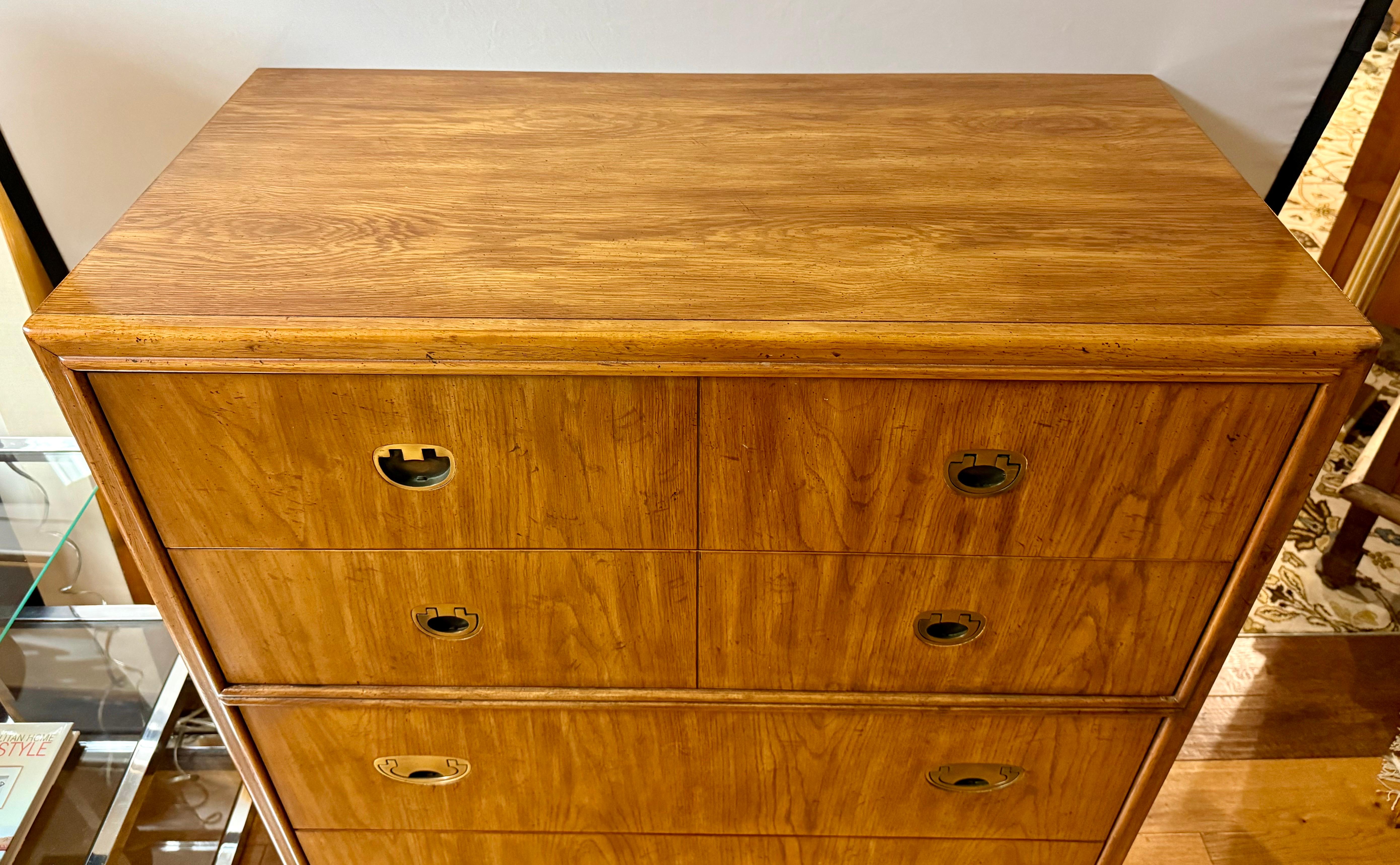 Drexel Signed Mid Century Modern Campaign Style Five Drawer Tall Dresser Highboy 6
