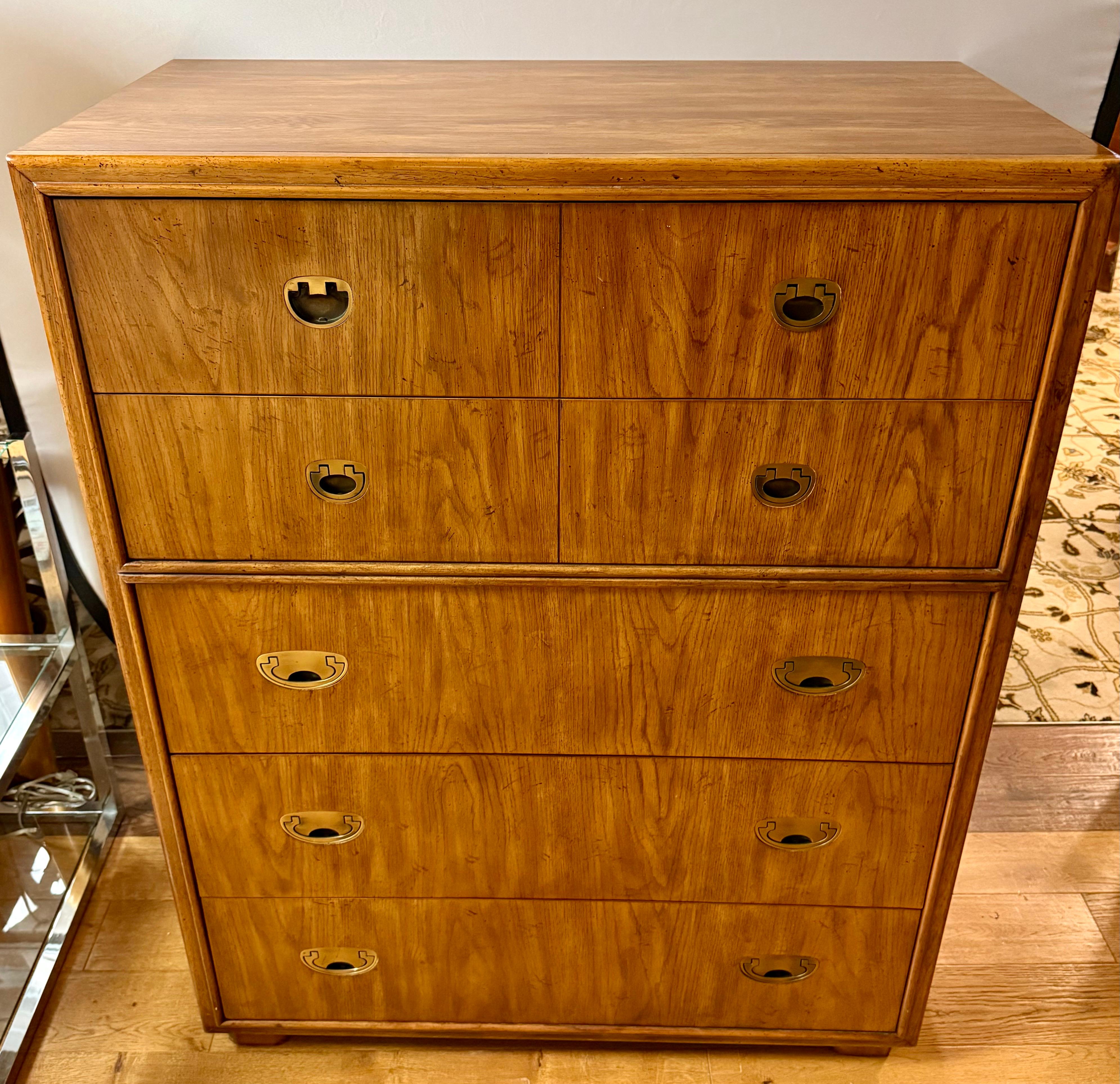Mid-Century Modern Drexel Signed Mid Century Modern Campaign Style Five Drawer Tall Dresser Highboy
