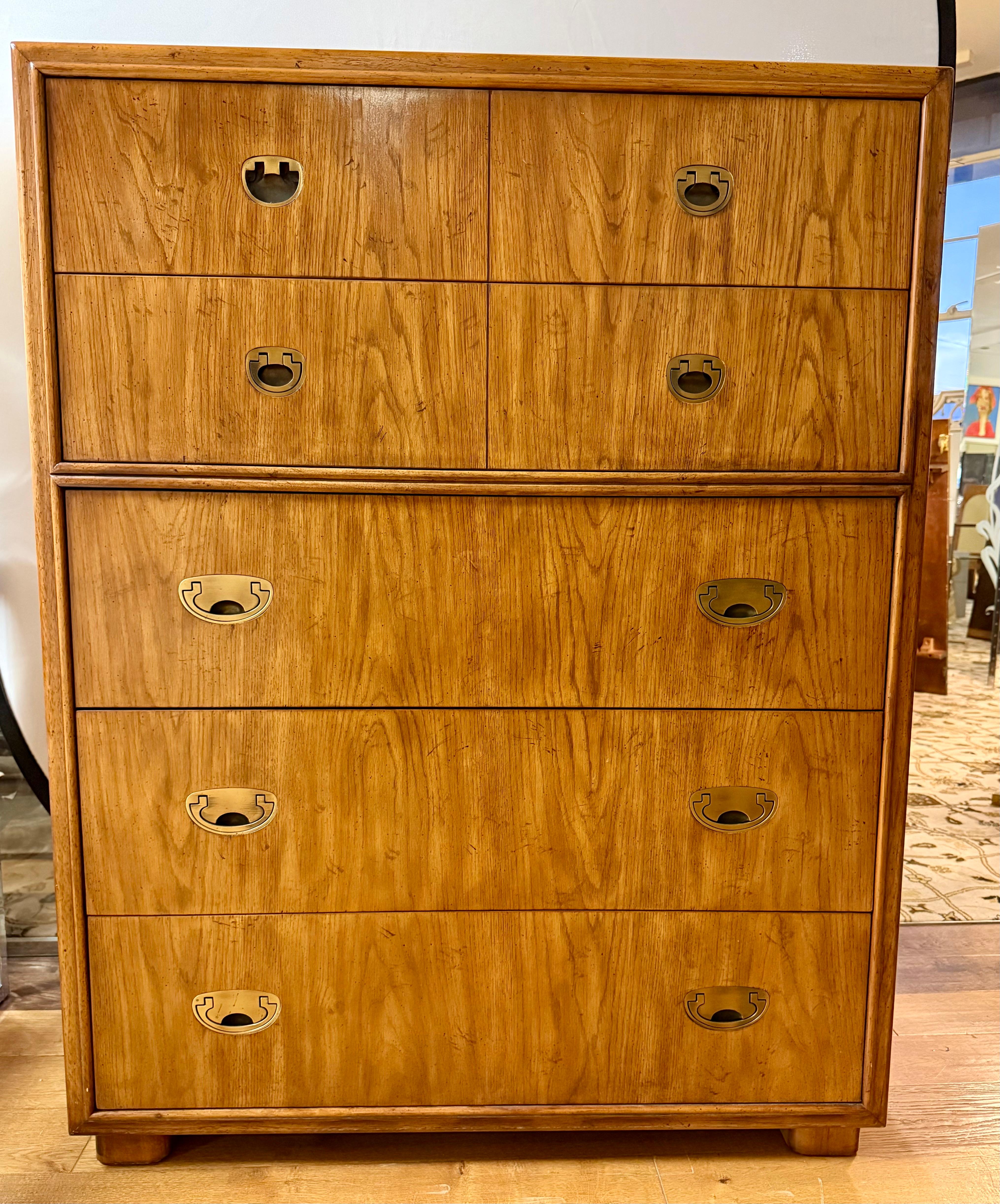 American Drexel Signed Mid Century Modern Campaign Style Five Drawer Tall Dresser Highboy