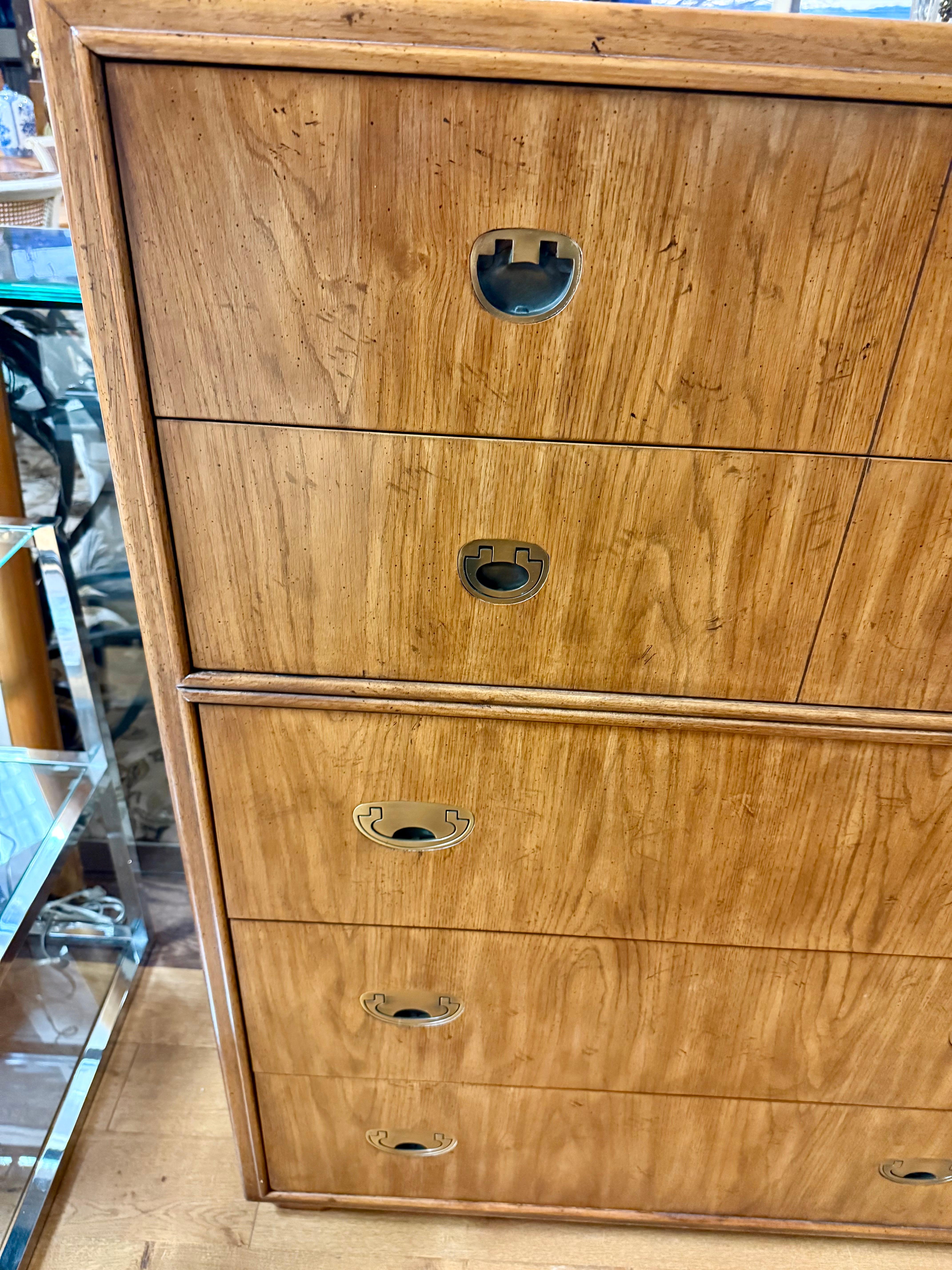 Brass Drexel Signed Mid Century Modern Campaign Style Five Drawer Tall Dresser Highboy