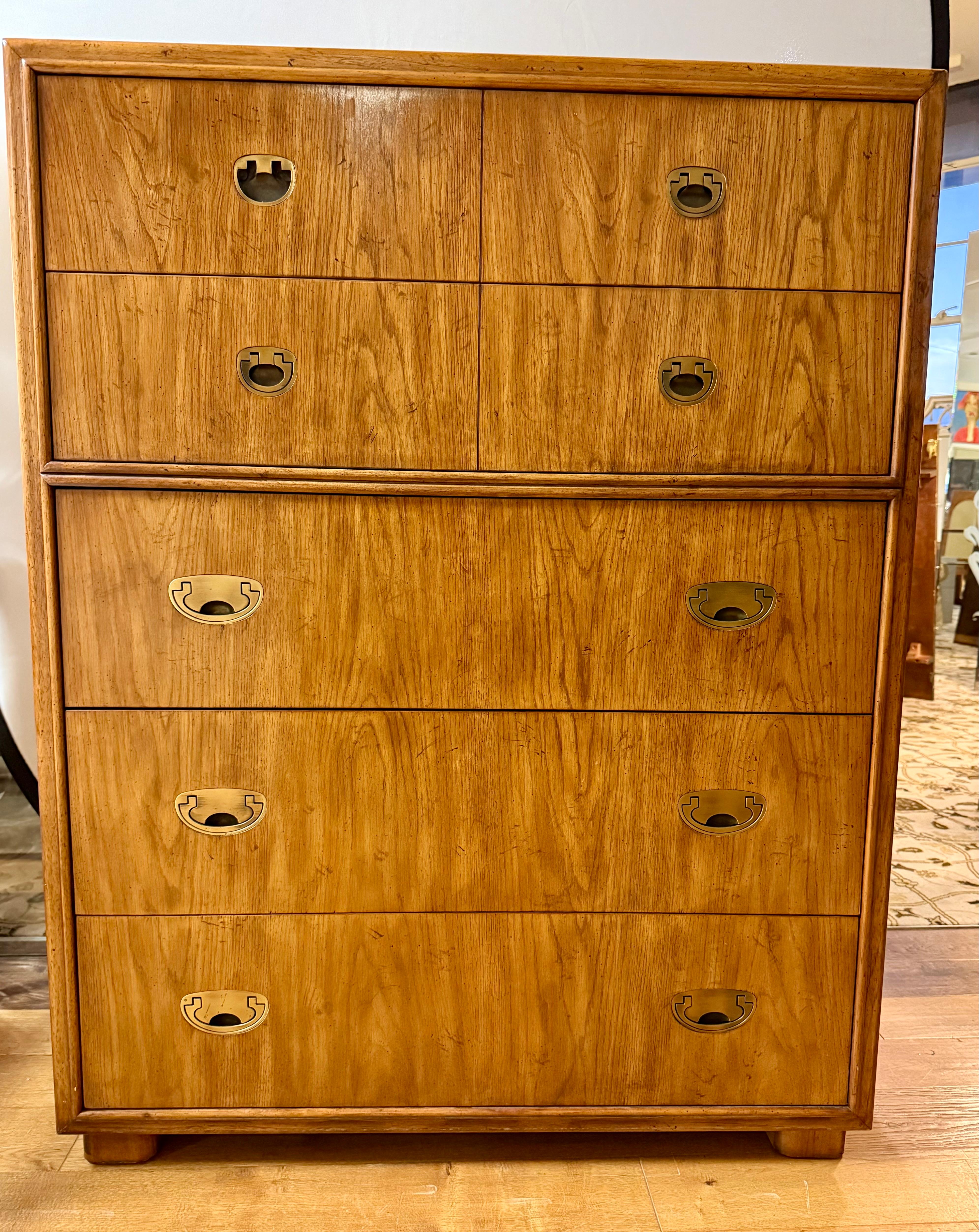Drexel Signed Mid Century Modern Campaign Style Five Drawer Tall Dresser Highboy 1