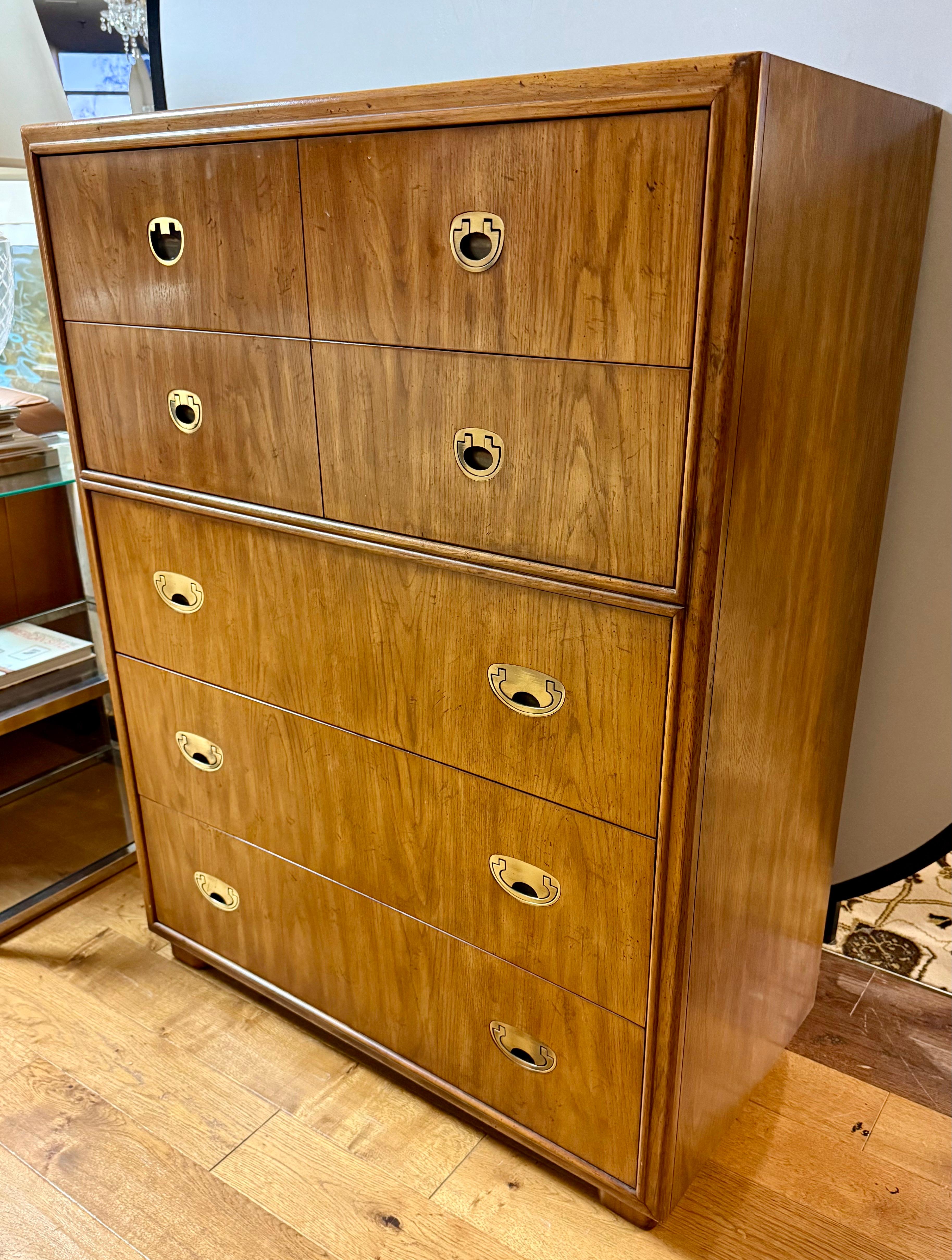 Drexel Signed Mid Century Modern Campaign Style Five Drawer Tall Dresser Highboy 2