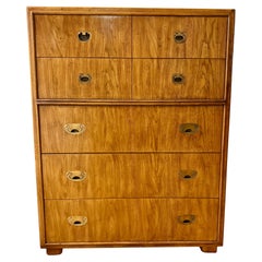 Drexel Signed Mid Century Modern Campaign Style Five Drawer Tall Dresser Highboy