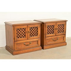 Drexel Spanish Colonial Carved Walnut Nightstands, Pair