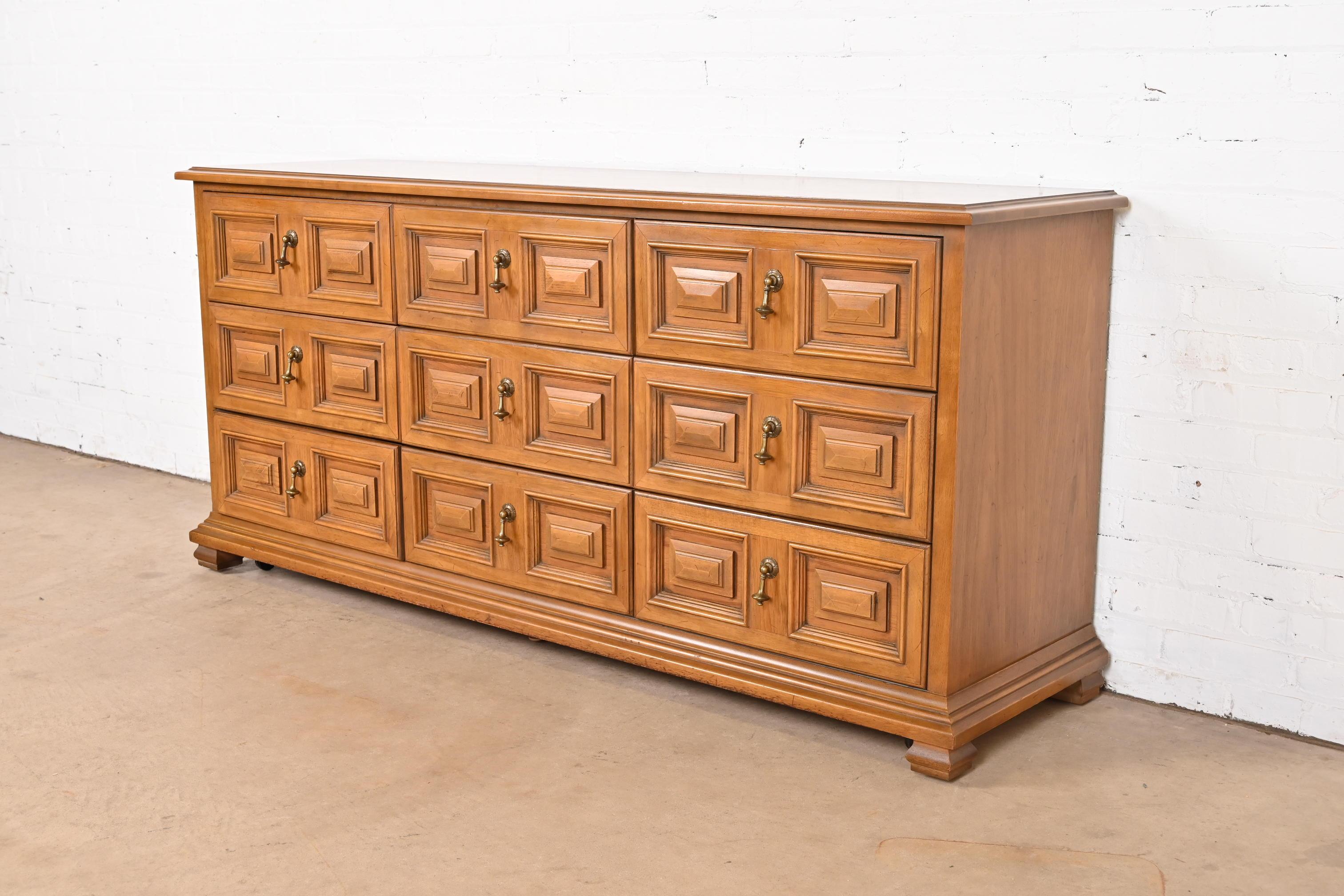 American Drexel Spanish Colonial Carved Walnut Triple Dresser or Credenza, 1960s