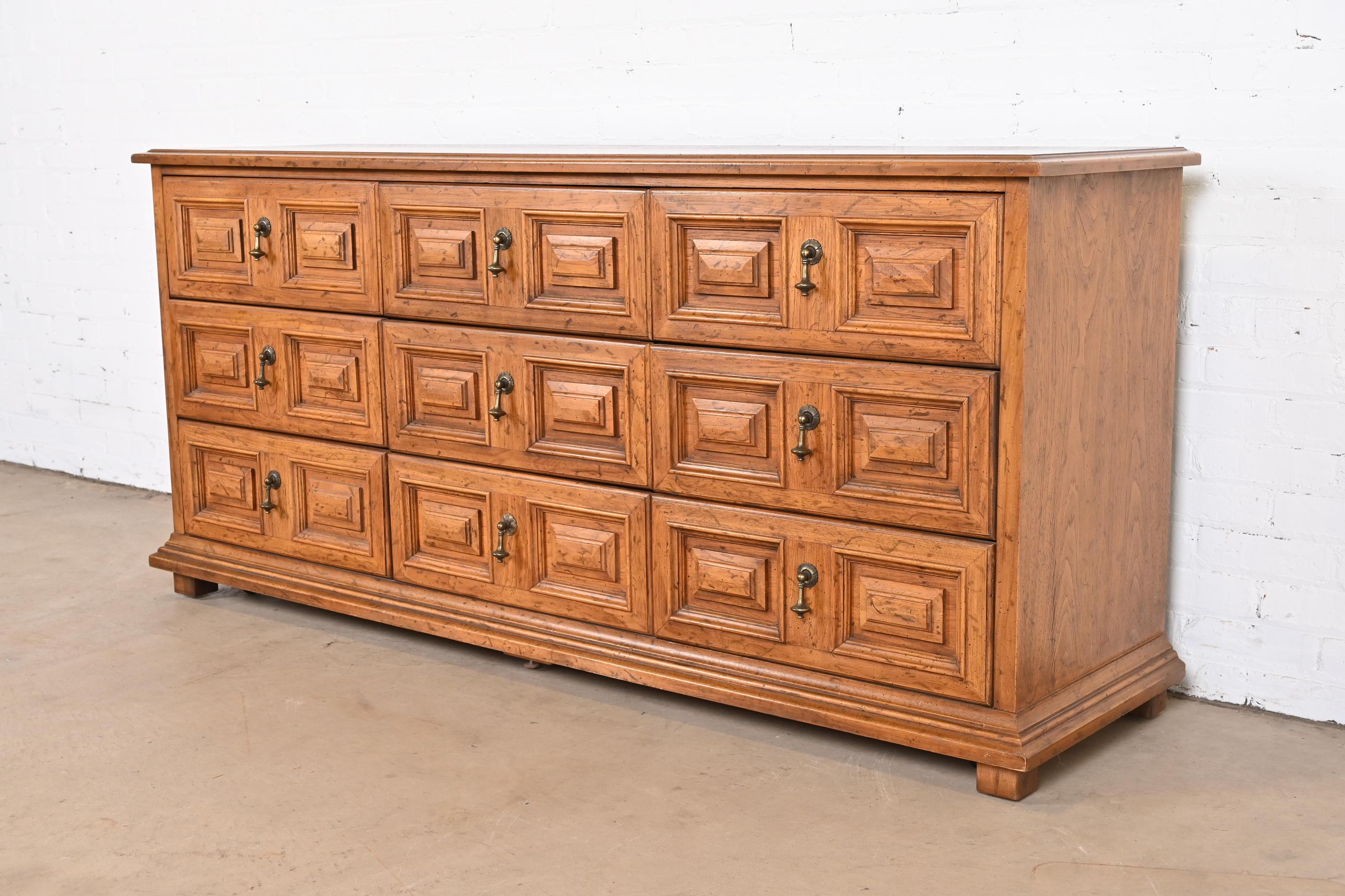 American Drexel Spanish Colonial Carved Walnut Triple Dresser or Credenza, 1960s