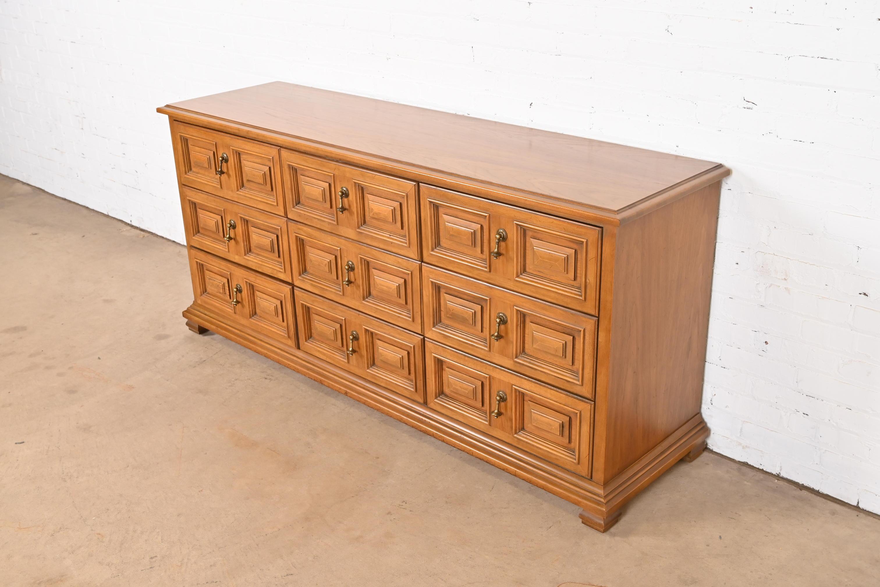Drexel Spanish Colonial Carved Walnut Triple Dresser or Credenza, 1960s In Good Condition In South Bend, IN