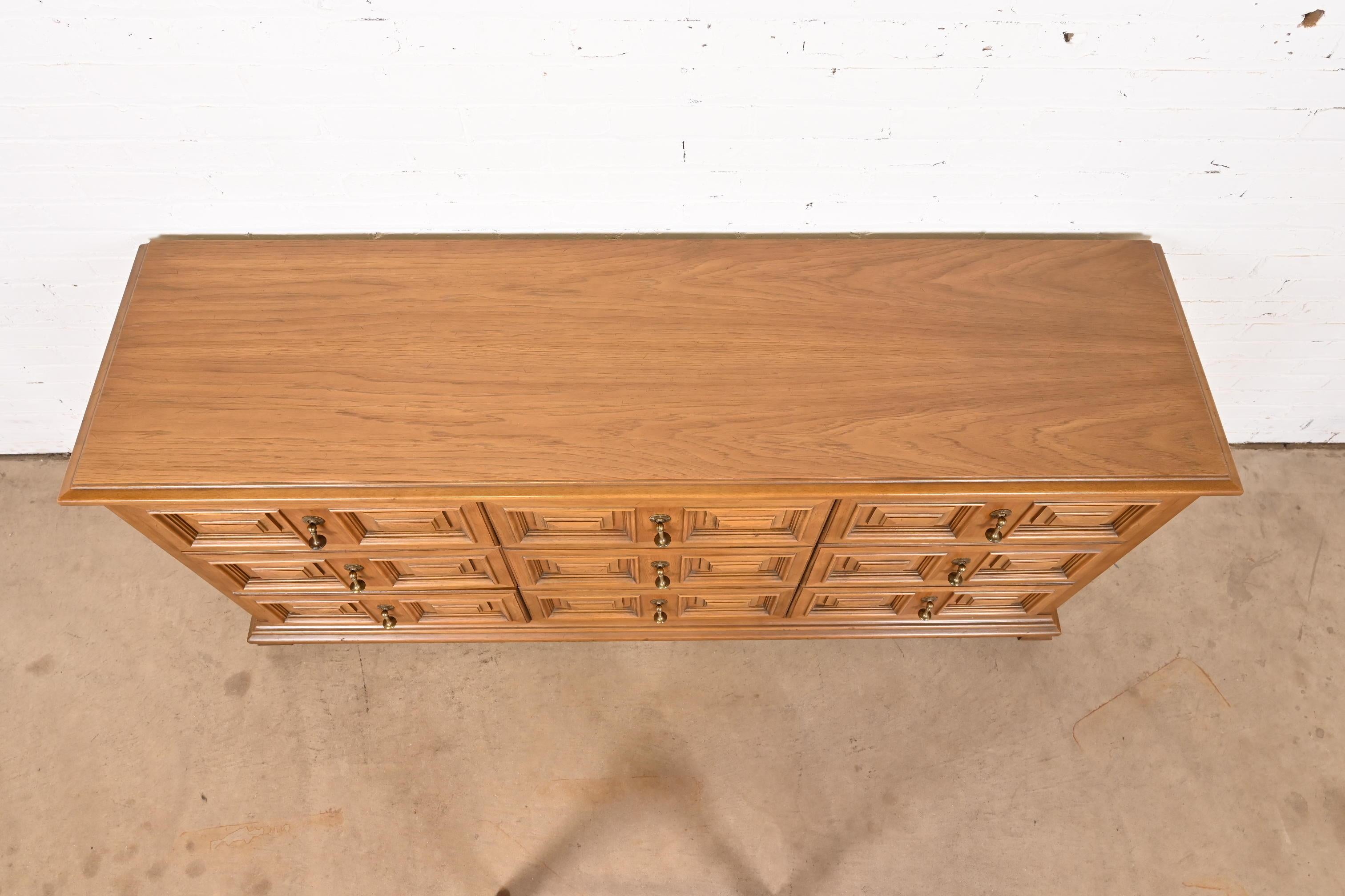 Brass Drexel Spanish Colonial Carved Walnut Triple Dresser or Credenza, 1960s
