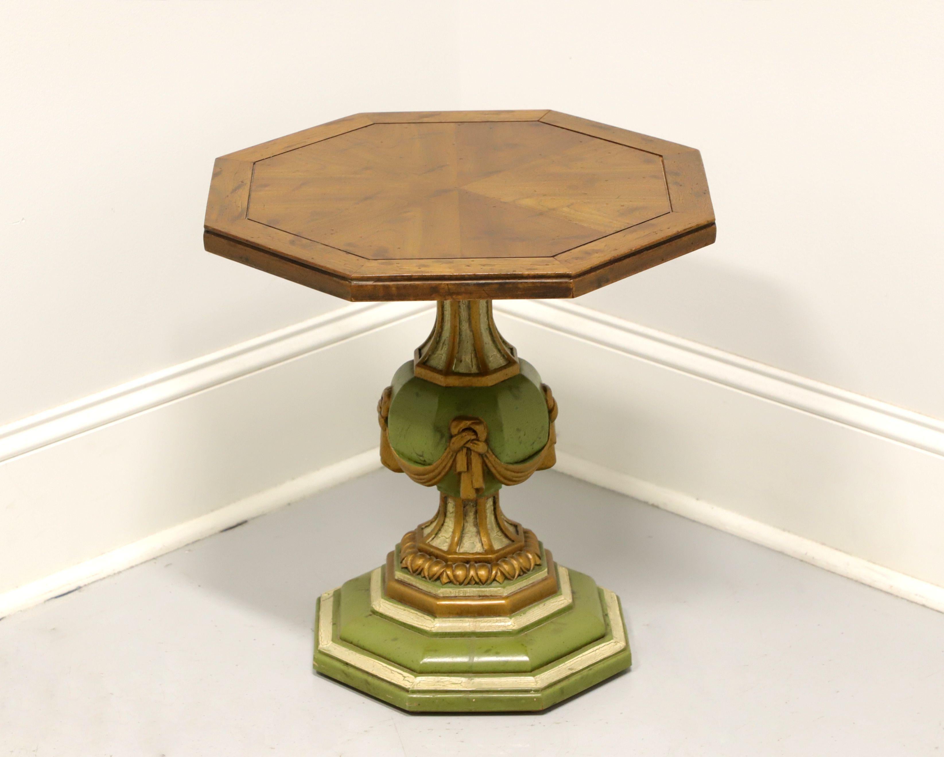 A Spanish style octagonal shaped accent table by Drexel, from their Velero Collection. Pecan with a distressed finish, banded & inlaid top, decorative pedestal base painted green, gold and white. Made in North Carolina, USA, circa 1989.

Style #: