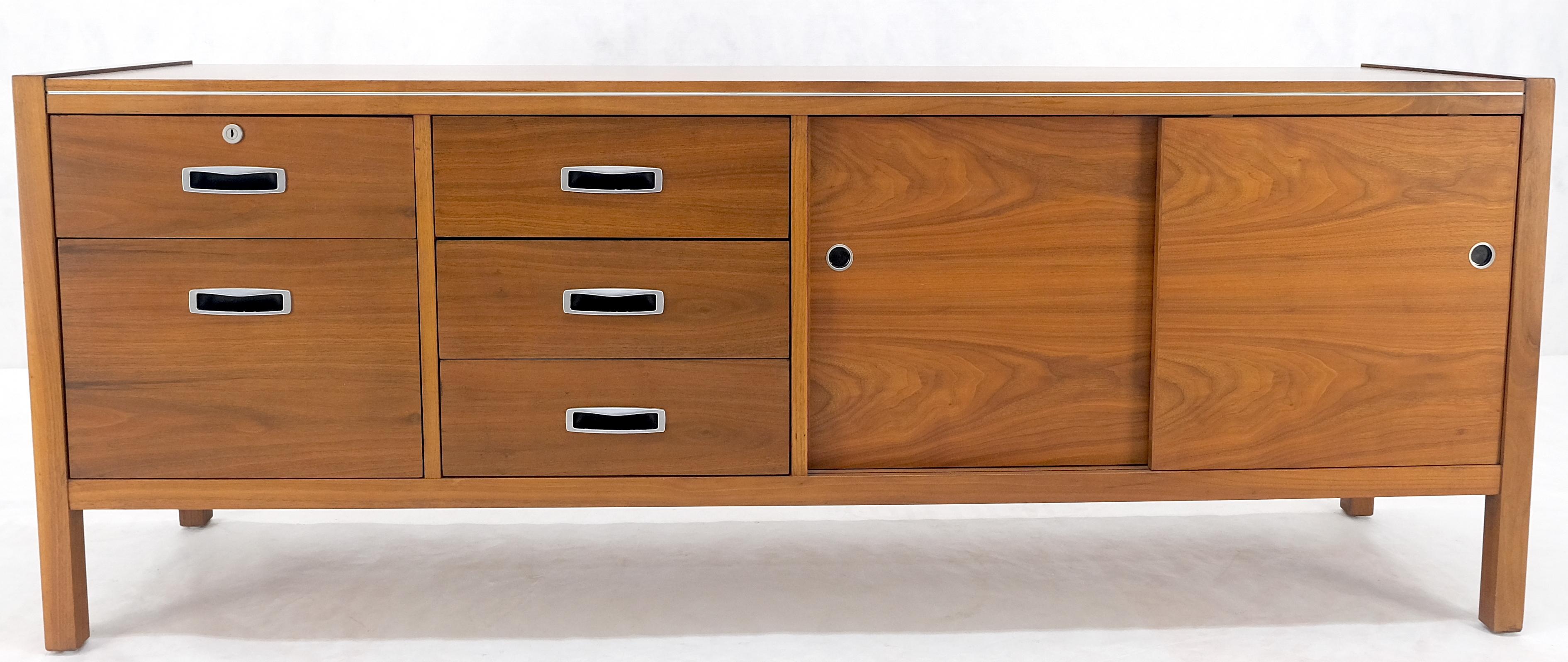Lacquered Drexel Walnut Mid Century Modern Long Credenza Sliding Doors 5 Drawer File MINT! For Sale