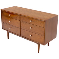 Drexel Walnut Six Drawers Double Dresser with Round Porcelain Pulls